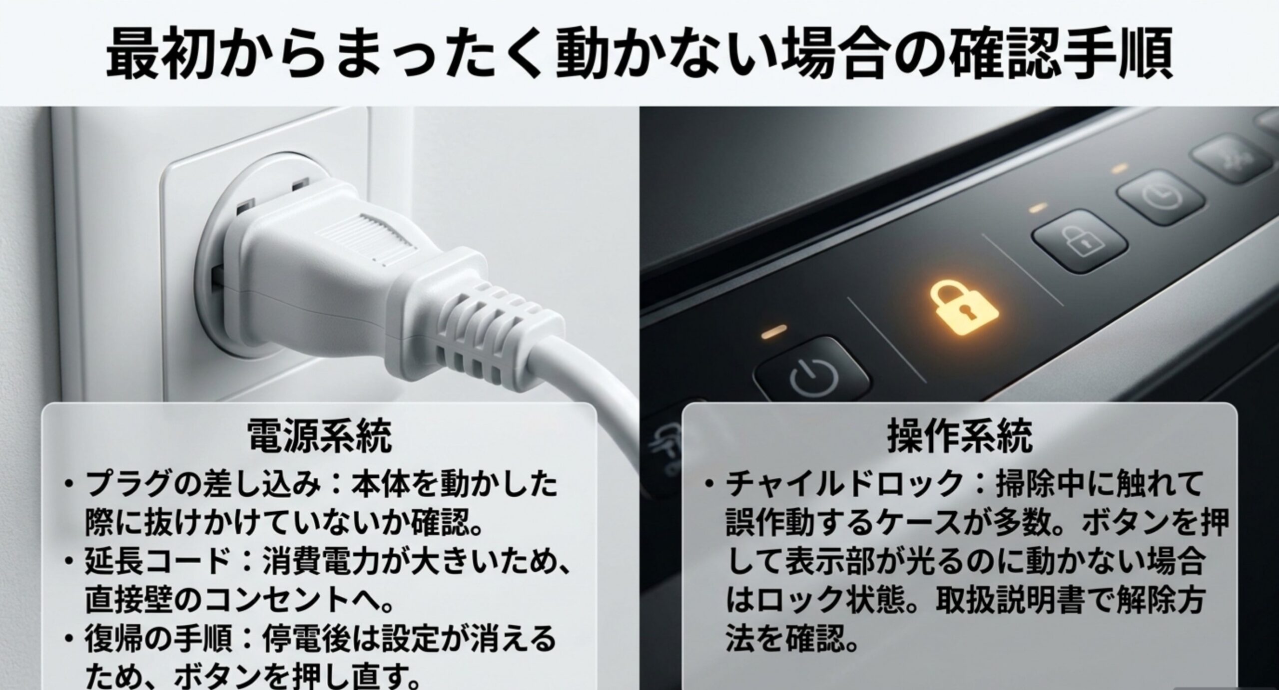 電源プラグや延長コードなどの電源系統と、チャイルドロックなどの操作系統に分けて確認する手順を示したスライド