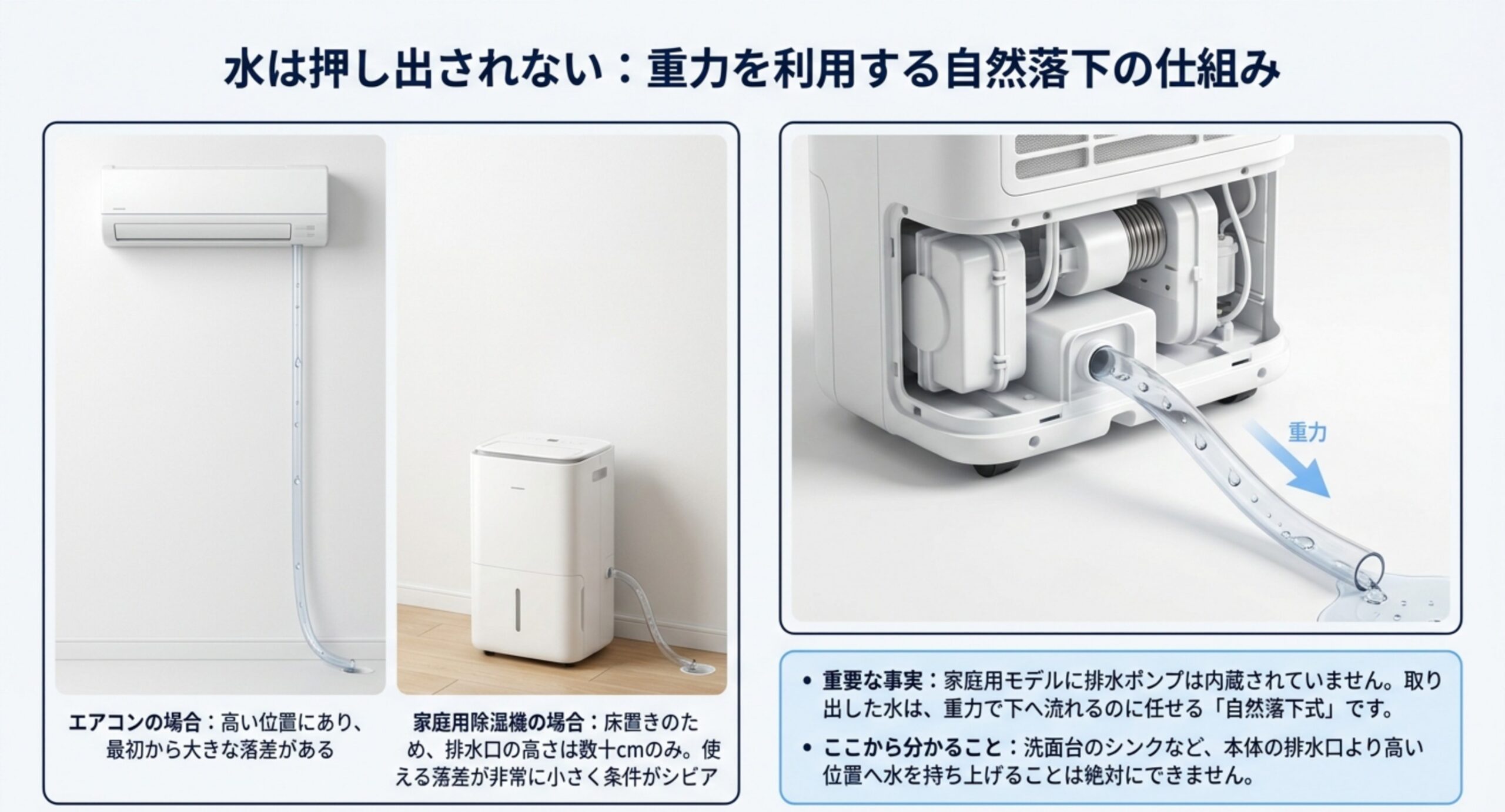 高い位置にあるエアコンと床置きの除湿機を並べ、除湿機は使える落差が小さく水を持ち上げられないことを示した図