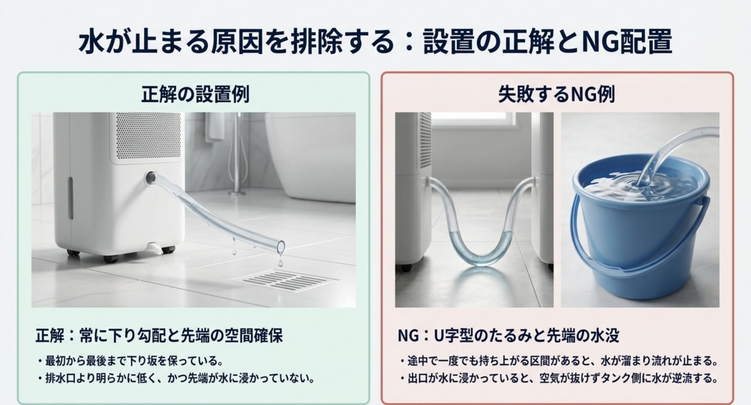 下り勾配を保った正しい設置例と、U字型にたるんで先端が水没したNG例を並べた比較図