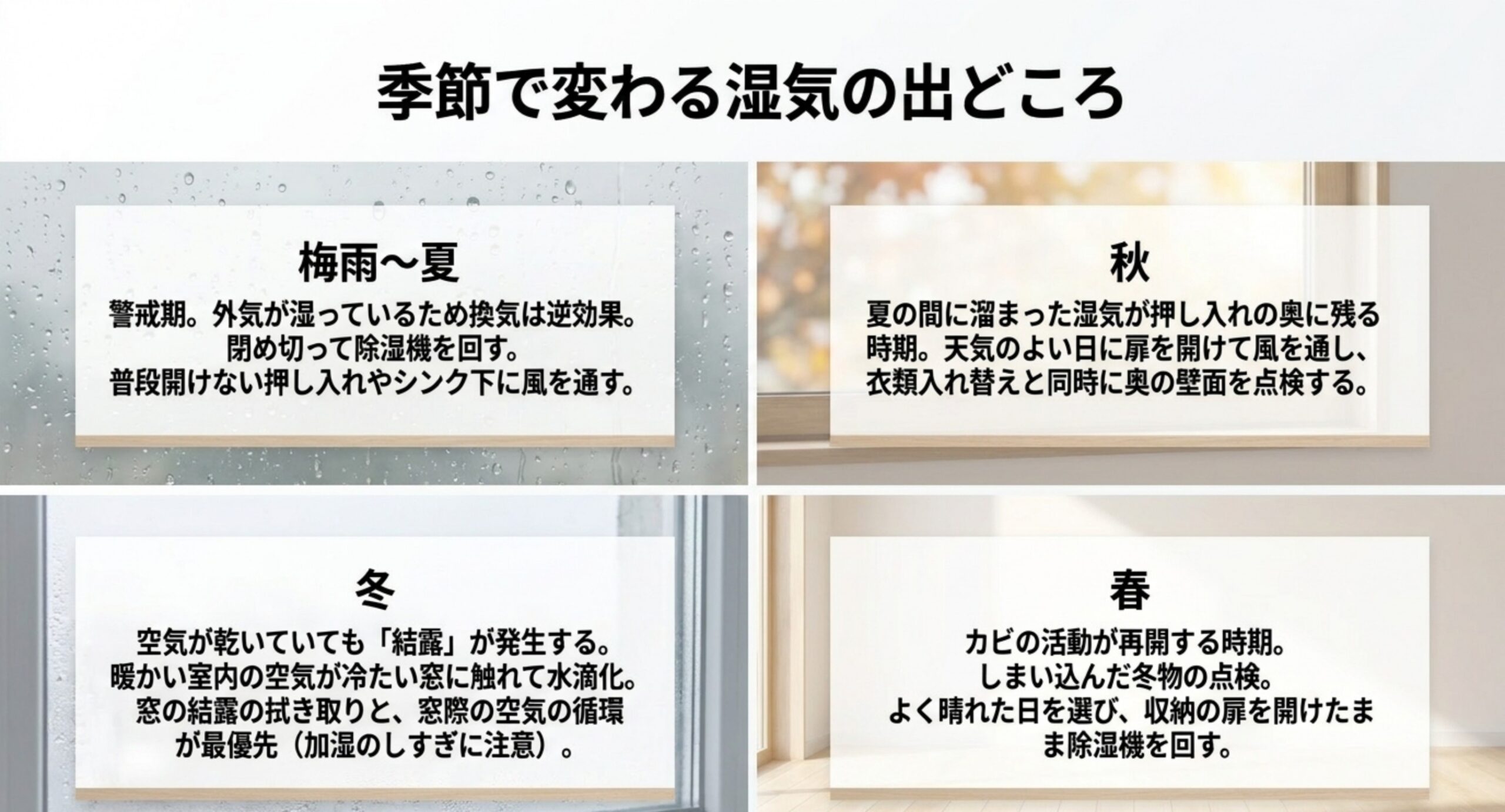 梅雨から夏は閉め切って除湿、秋は収納の点検、冬は結露対策、春は収納の見直しという季節別の重点を並べた図
