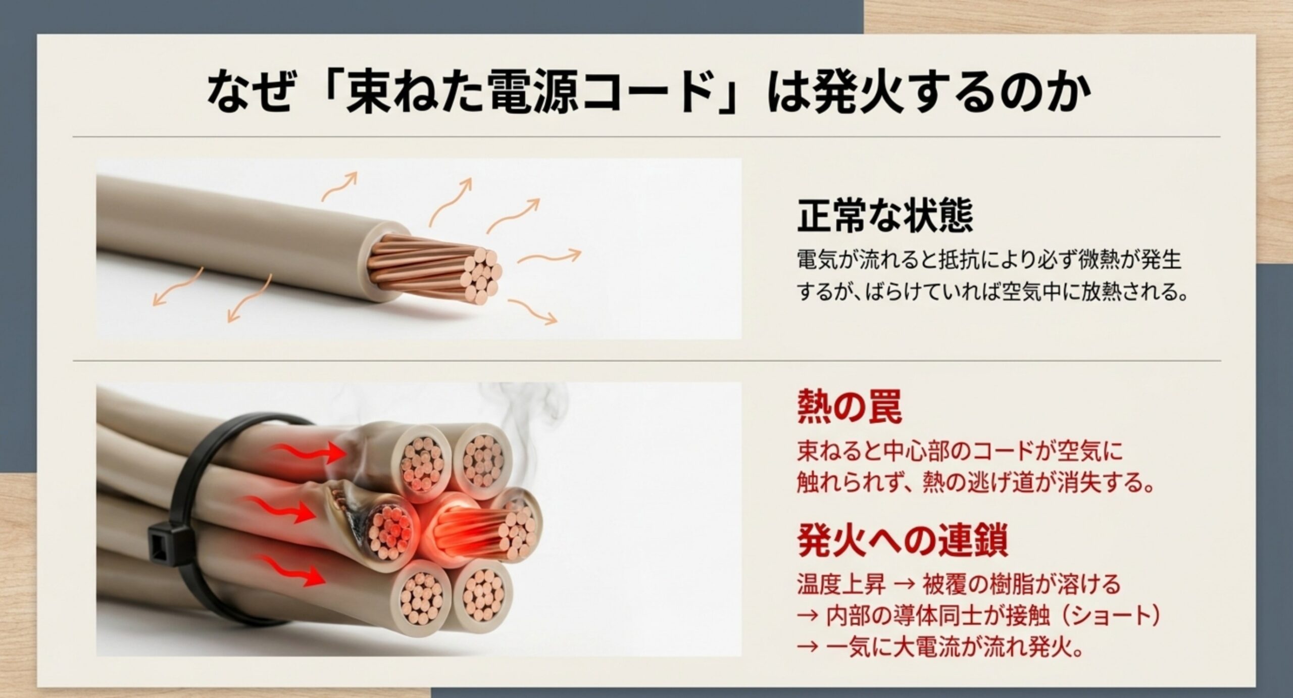 ばらけたコードが放熱できる状態と、束ねて熱がこもり被覆が溶けてショートに至る状態を並べた断面図