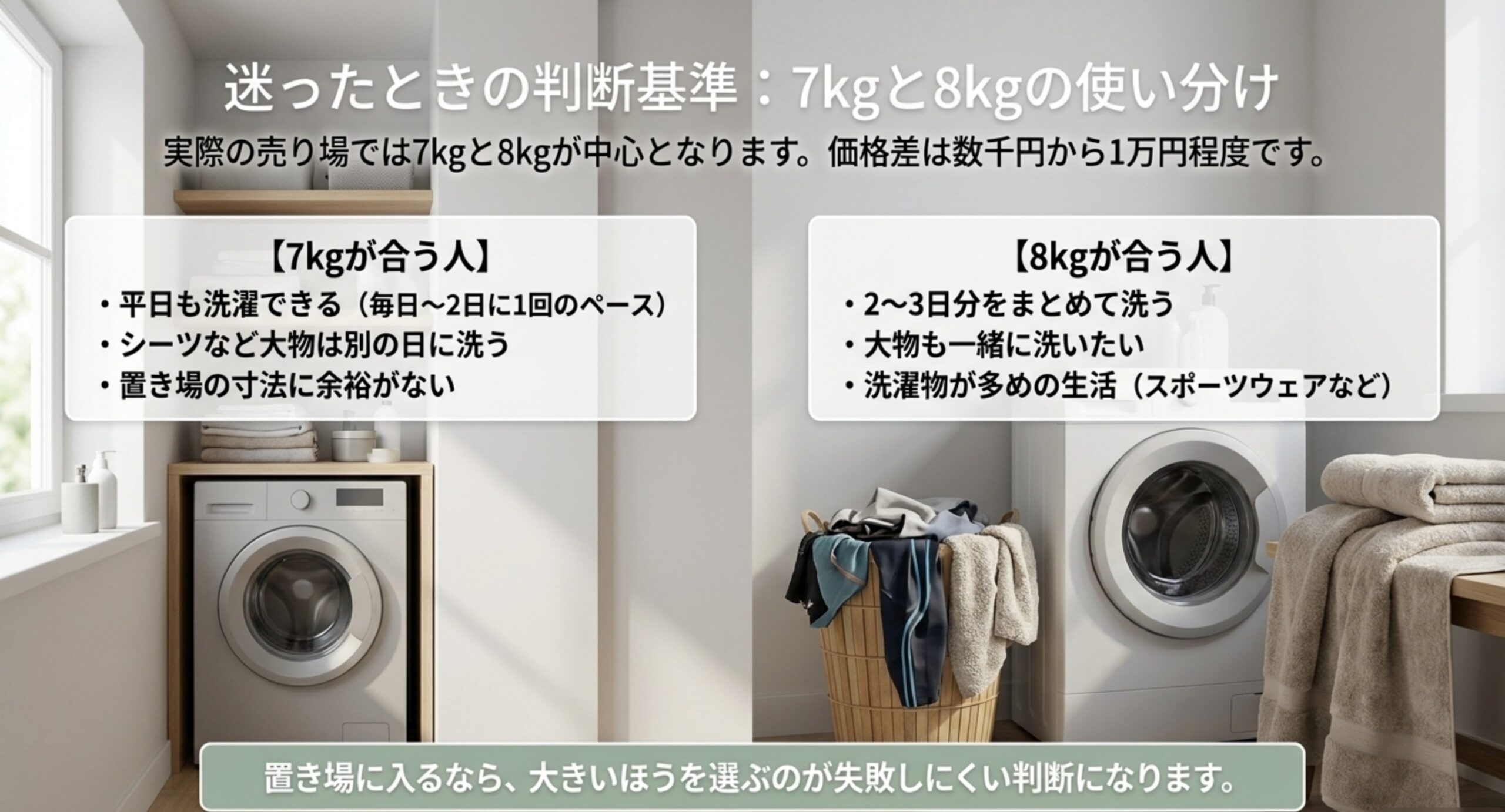 平日も洗濯できて大物を別に洗う人には7kg、2〜3日分をまとめて洗い大物も一緒に洗いたい人には8kgが向くことを比較した図