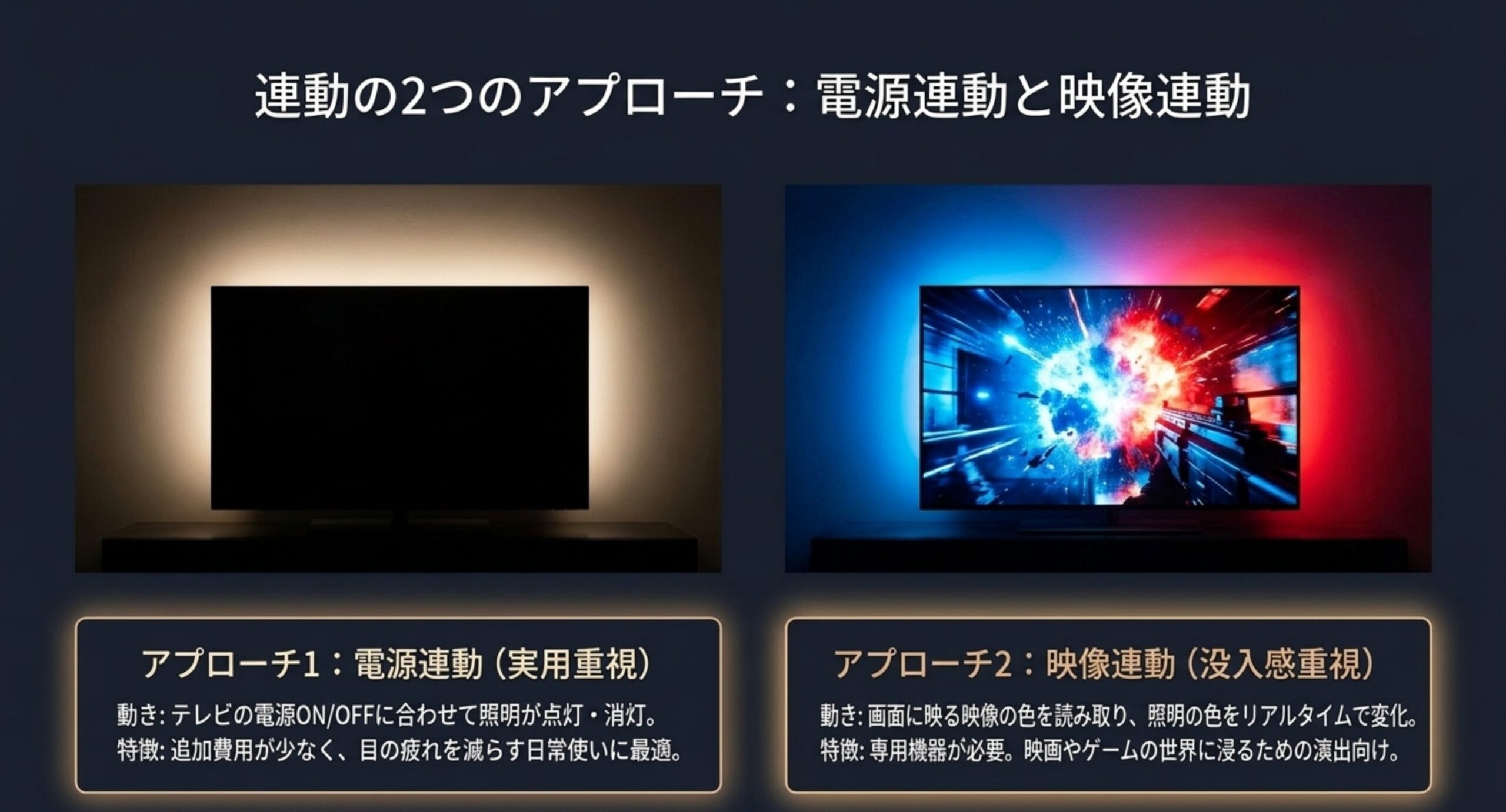 テレビの電源に合わせて点灯する電源連動と、画面の色に合わせて変化する映像連動を並べた比較図