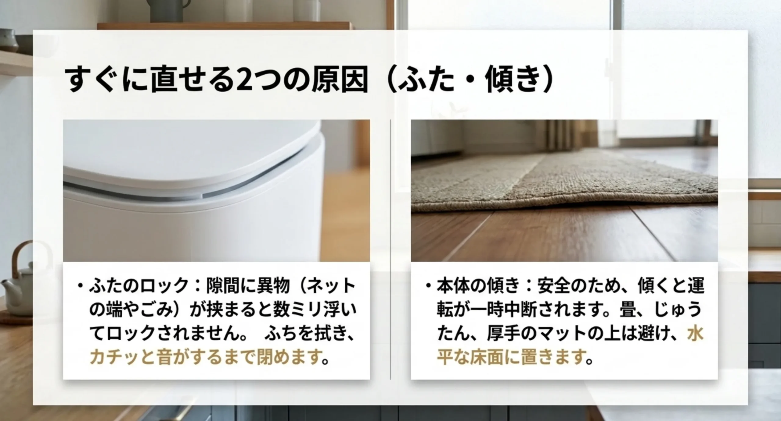 ふたの隙間に異物が挟まるとロックされないことと、畳やマットの上を避け水平な床に置くことを左右に並べたスライド