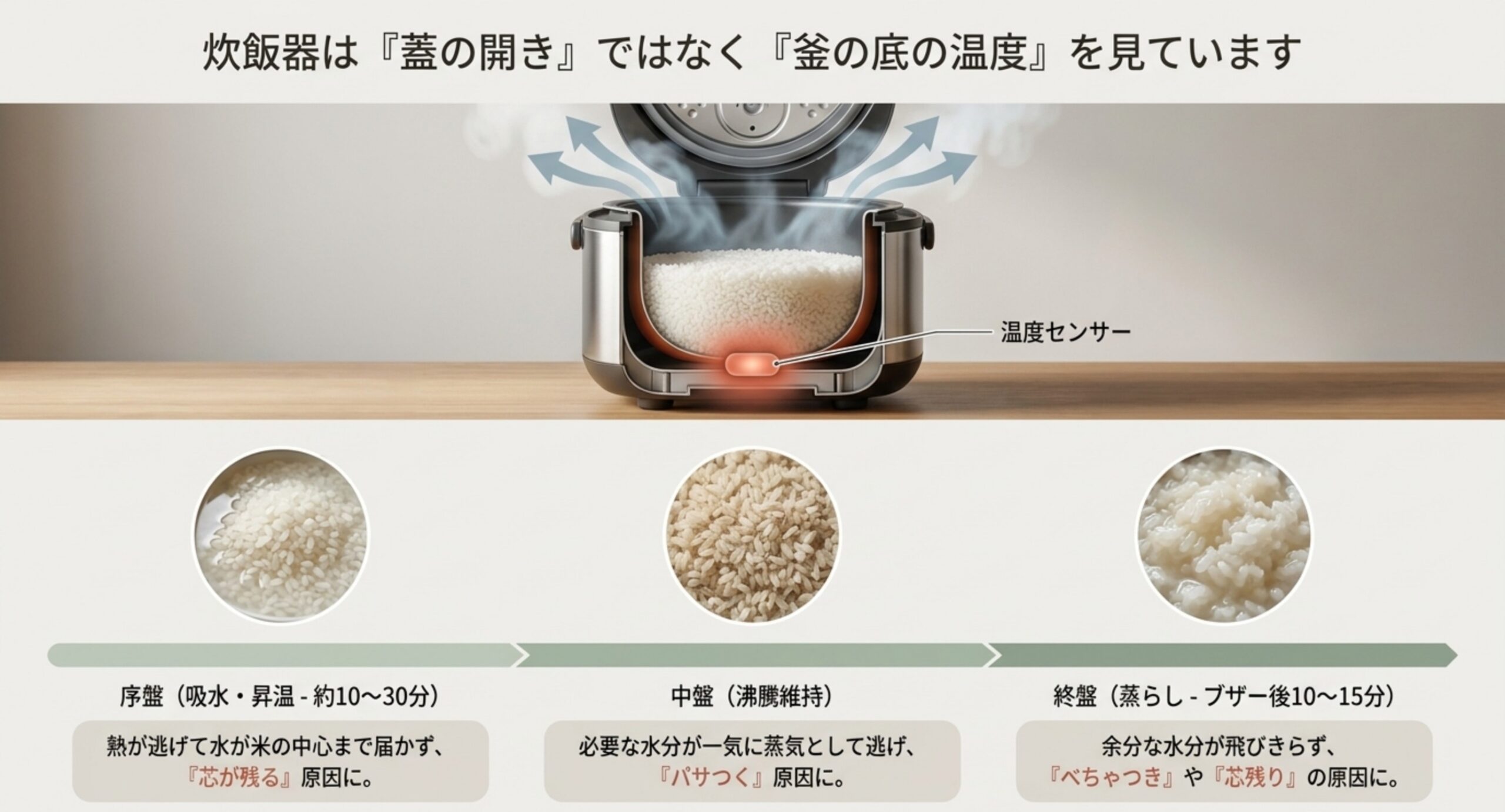 炊飯器の断面図と温度センサーの位置、吸水と沸騰維持と蒸らしの各工程で蓋を開けたときに起きることを並べた図