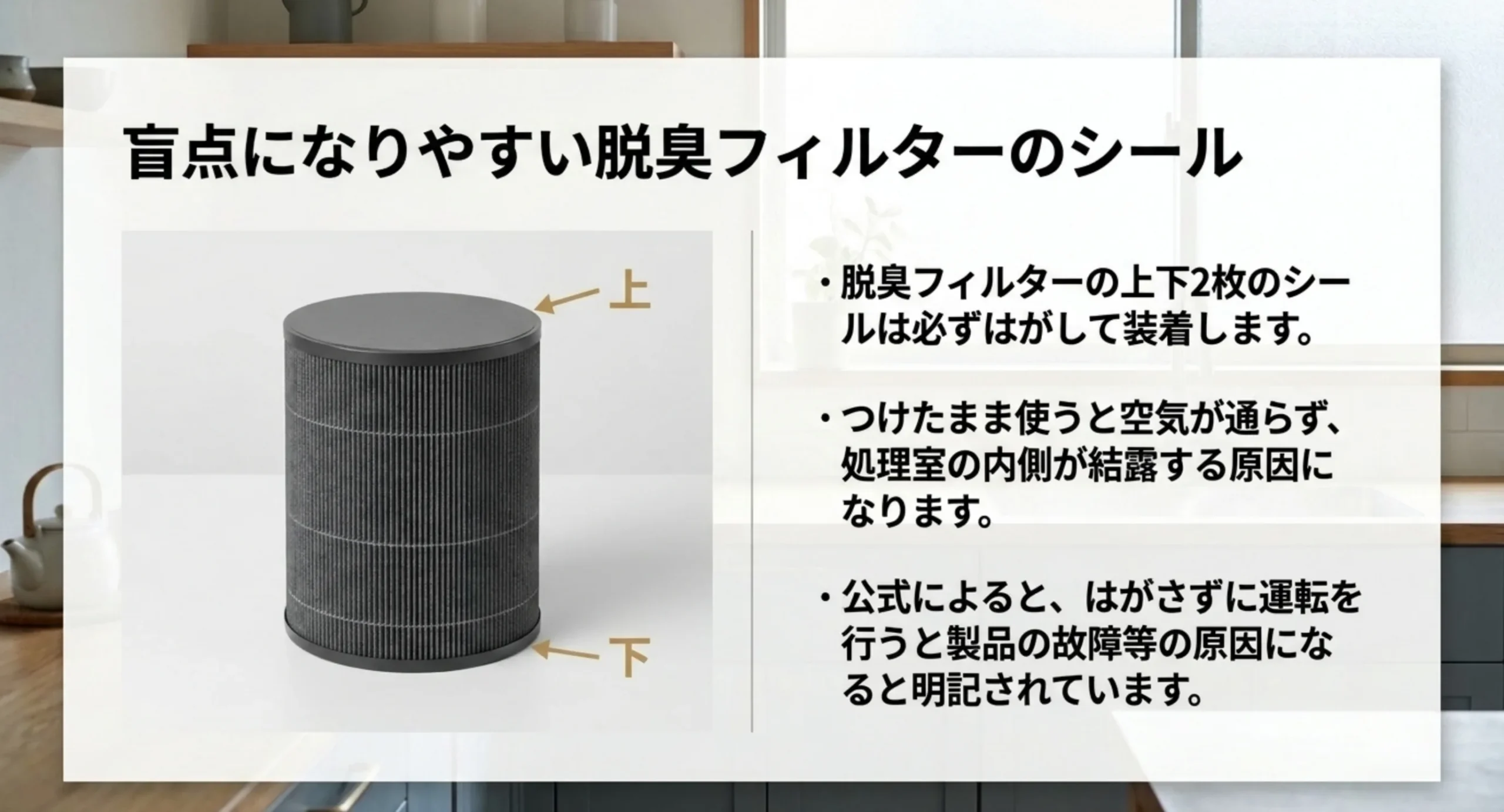 脱臭フィルターの上下に貼られた2枚のシールの位置を示し、はがさずに使うと結露や故障の原因になると説明したスライド