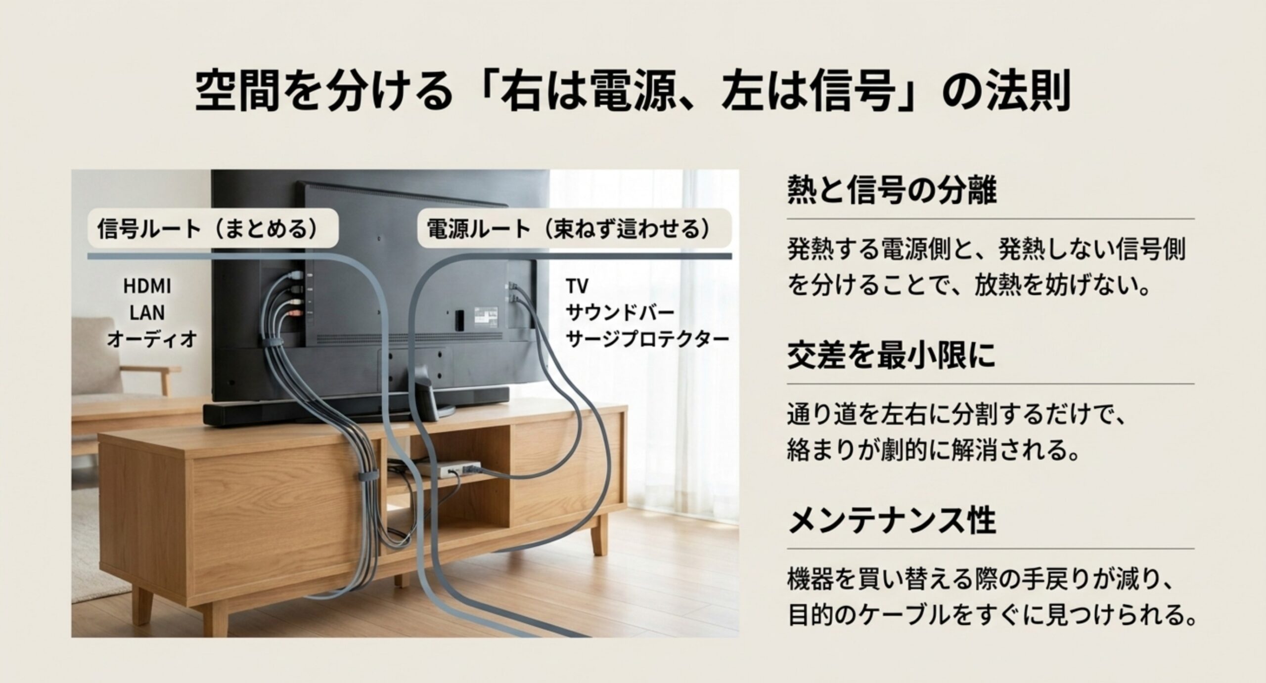 テレビ裏で信号ケーブルと電源コードの通り道を左右に分けて配線した例