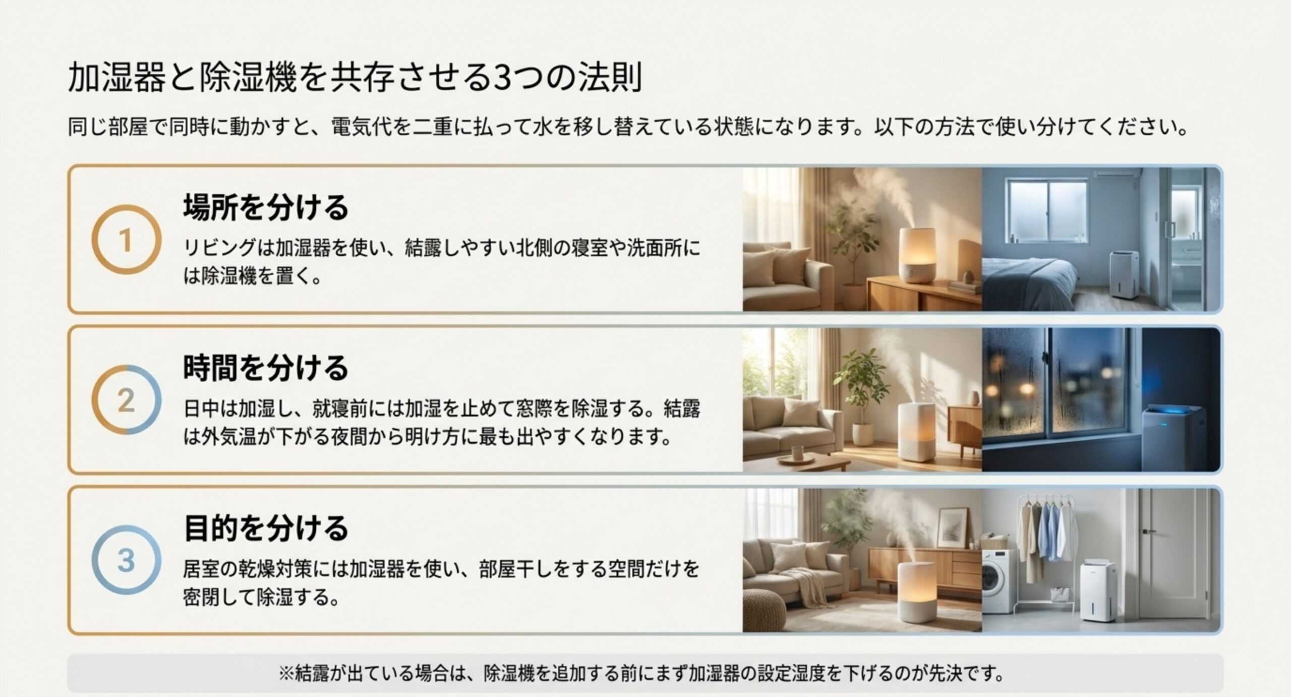 加湿器と除湿機を場所で分ける・時間で分ける・目的で分ける、という3つの使い分けを並べた図