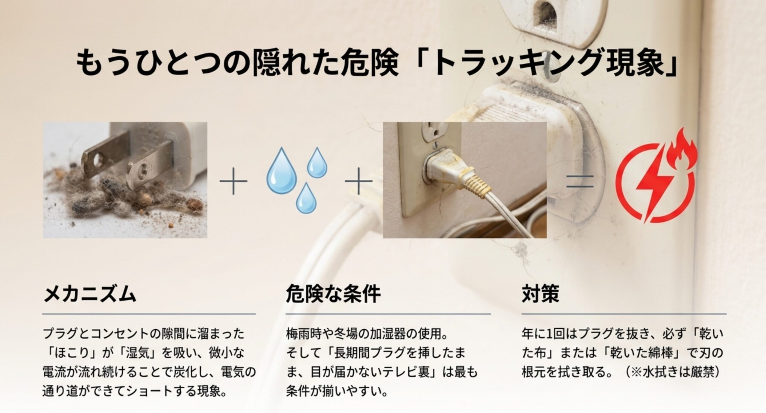 プラグにたまったほこりが湿気を吸って発火に至る流れと、乾いた布で拭き取る対策を示した図