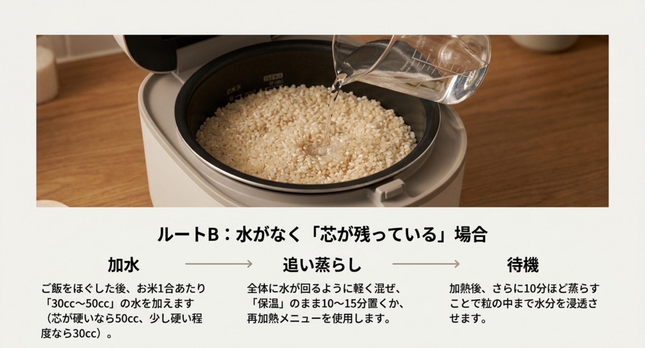 内釜のご飯に計量カップで水を注ぐ様子と、加水から追い蒸らしまでの3ステップを示した図