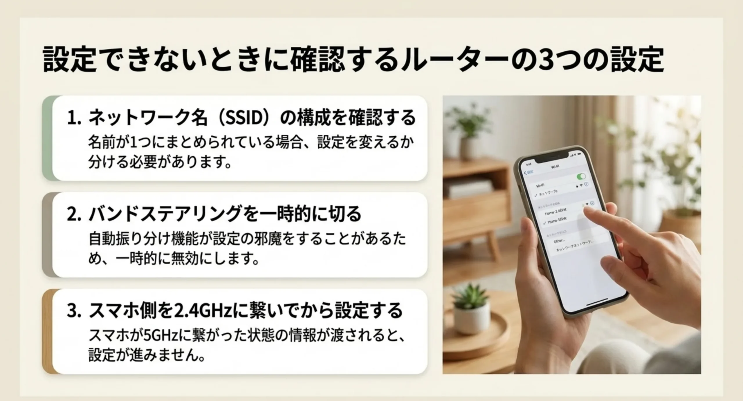 ネットワーク名の構成確認・バンドステアリングの一時無効化・スマホを2.4GHzに接続という3つの手順を番号つきで並べたスライド