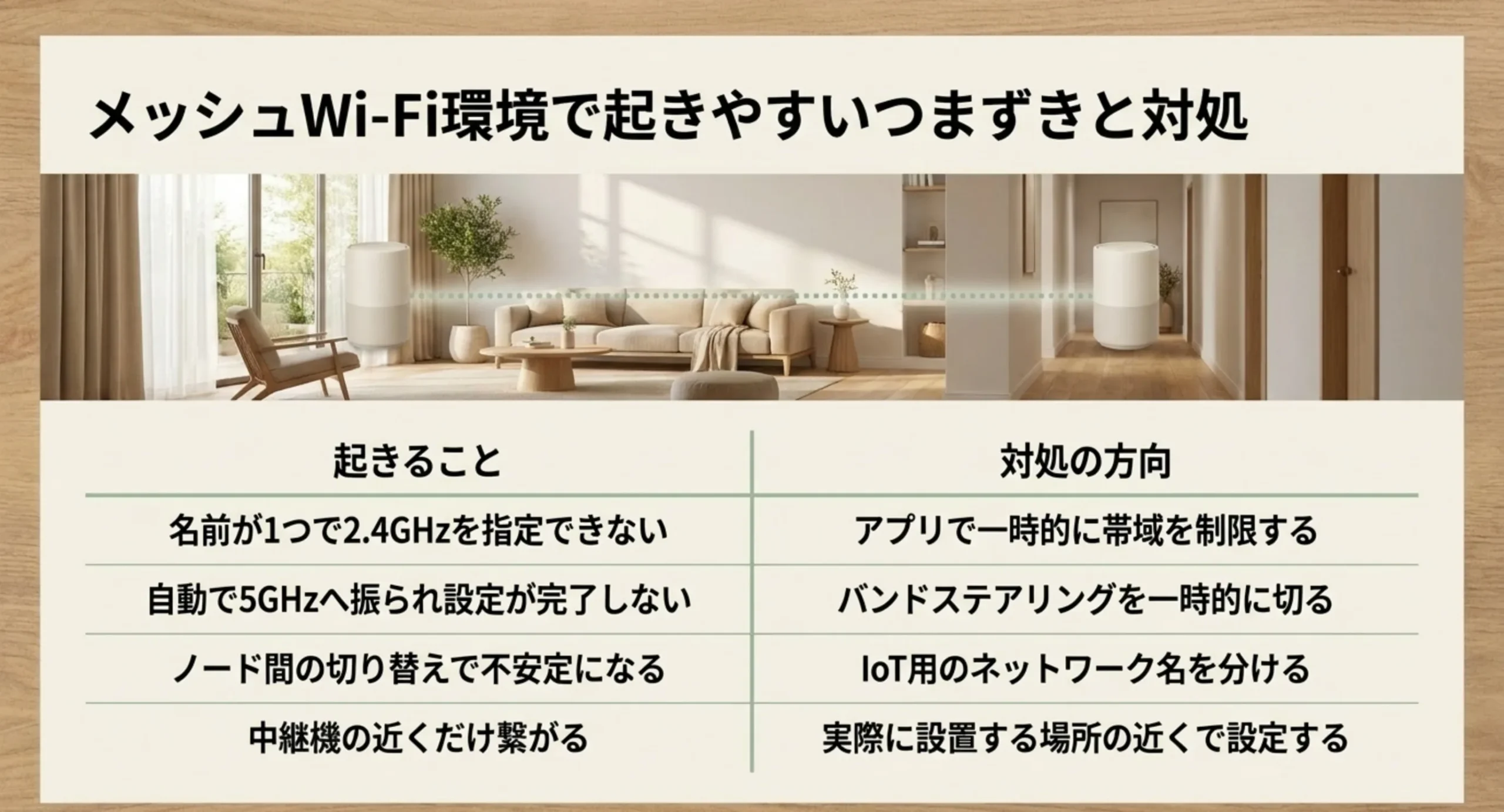 メッシュWi-Fiで起きる4つのつまずきと、それぞれの対処の方向を左右に並べた対応表のスライド