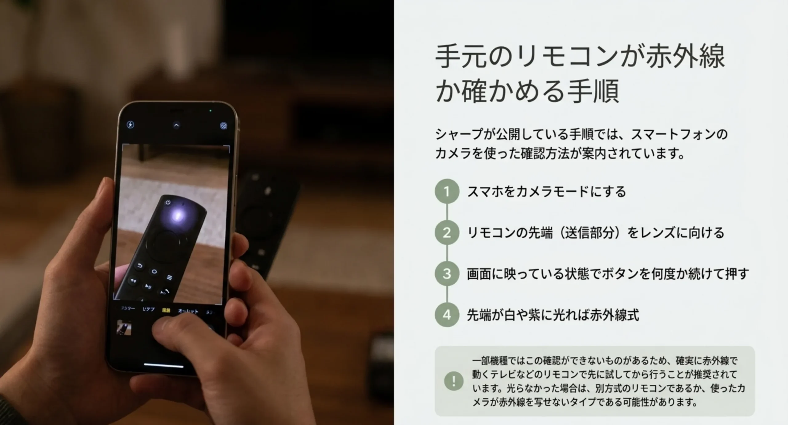 スマートフォンのカメラにリモコンの先端が紫に光って映っている写真と、確認手順を4段階に分けて示した図解スライド