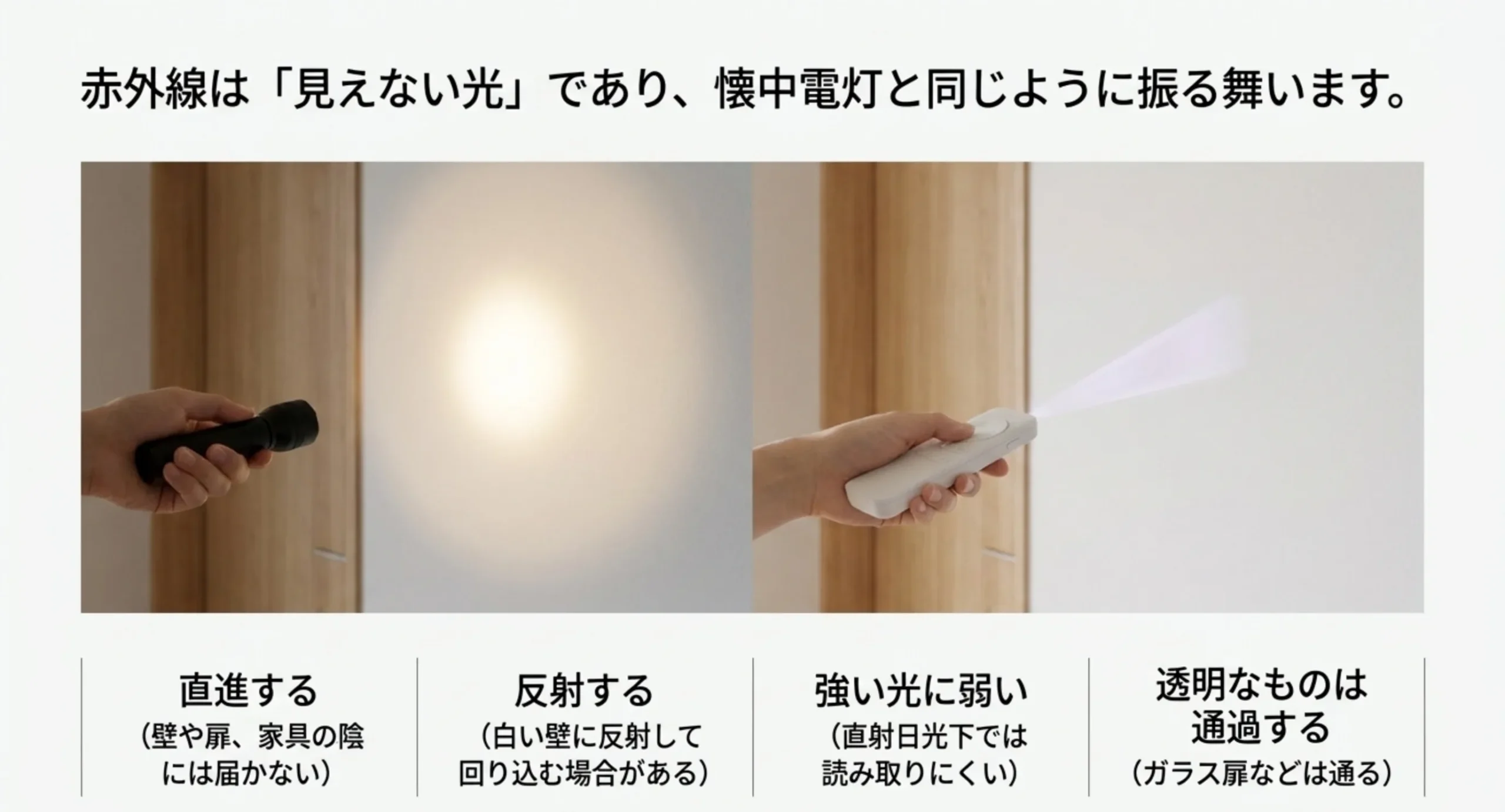 懐中電灯とリモコンを並べ、直進する・反射する・強い光に弱い・透明なものは通過するという赤外線の4つの性質を示したスライド