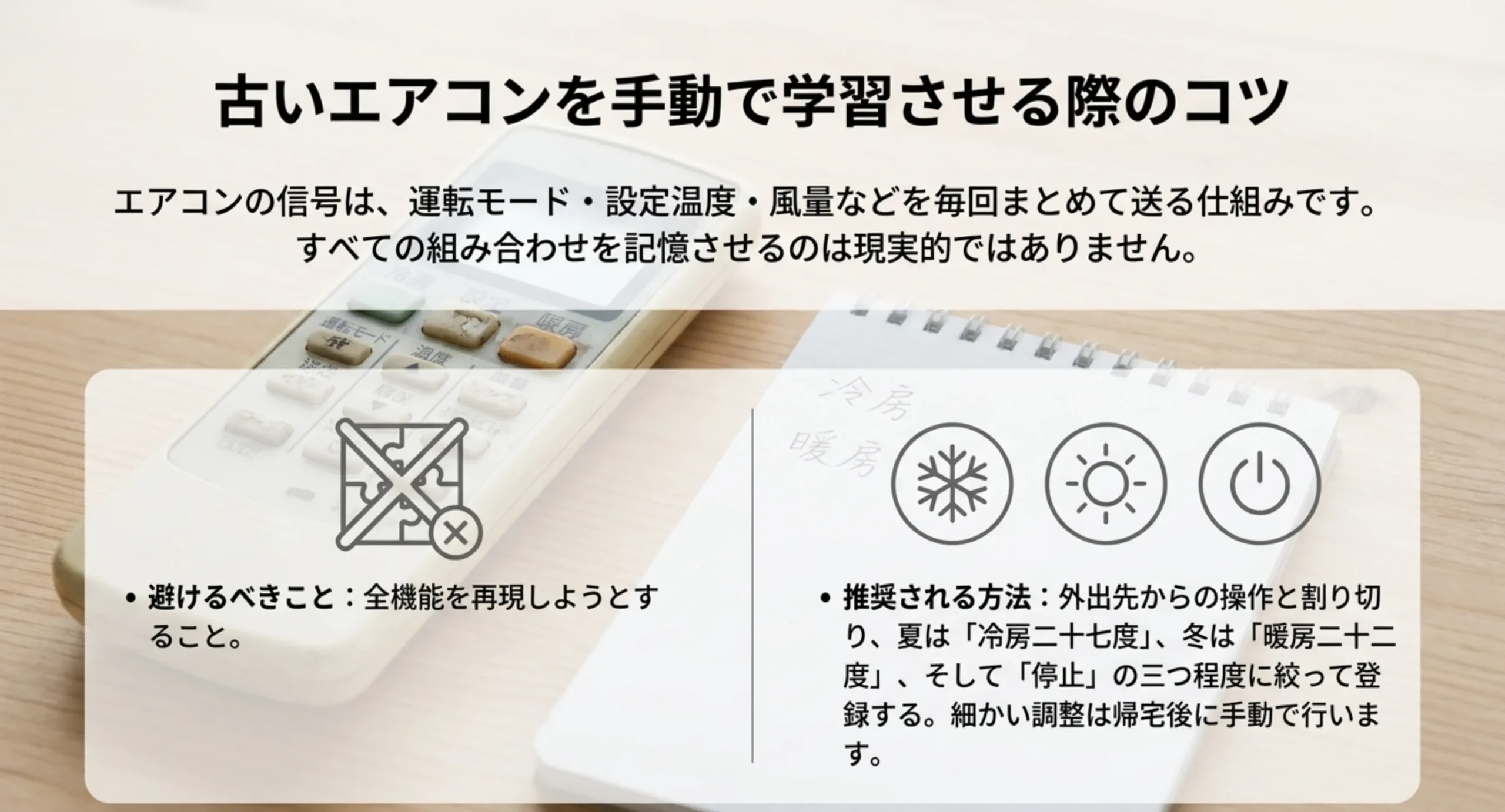 全機能の再現を避け、冷房と暖房と停止の3つに絞って登録する考え方を左右に対比して示したスライド
