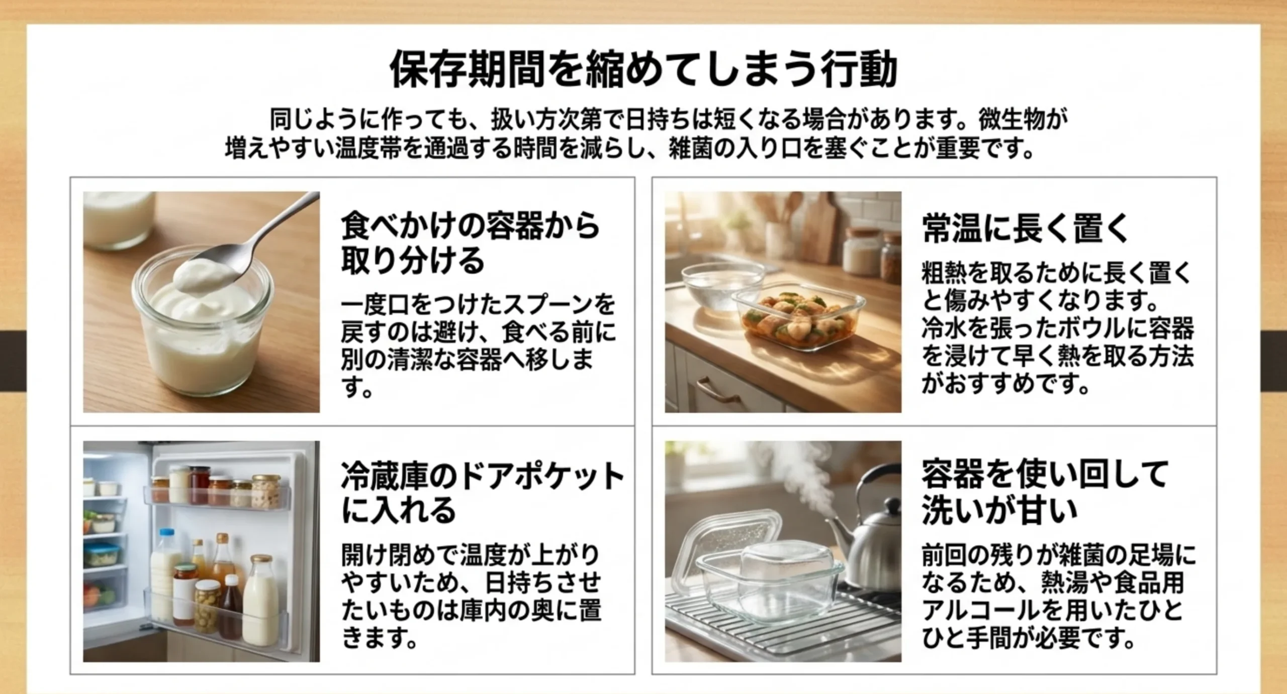 食べかけの容器から取り分ける・常温に長く置く・ドアポケットに入れる・容器の洗いが甘いという4つの行動を写真つきで示したスライド