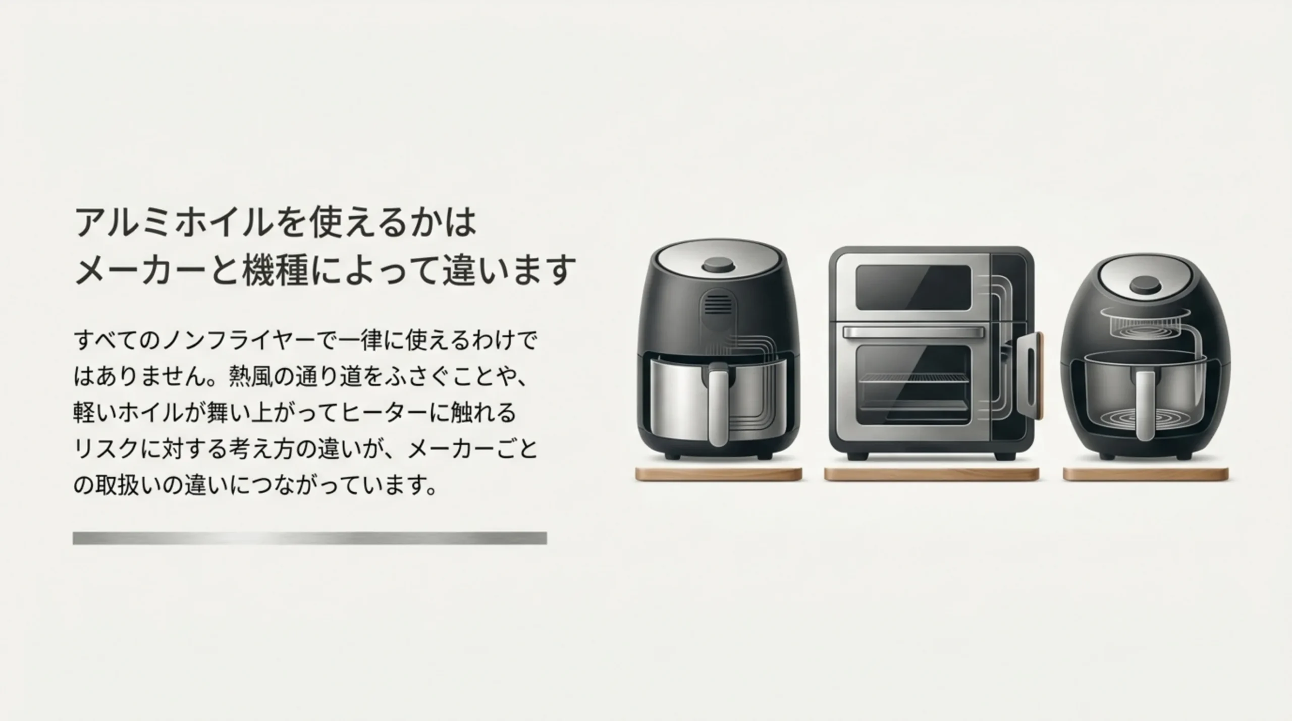 すべてのノンフライヤーで一律に使えるわけではなく、熱風の通り道とヒーターへの接触リスクの考え方がメーカーごとに違う