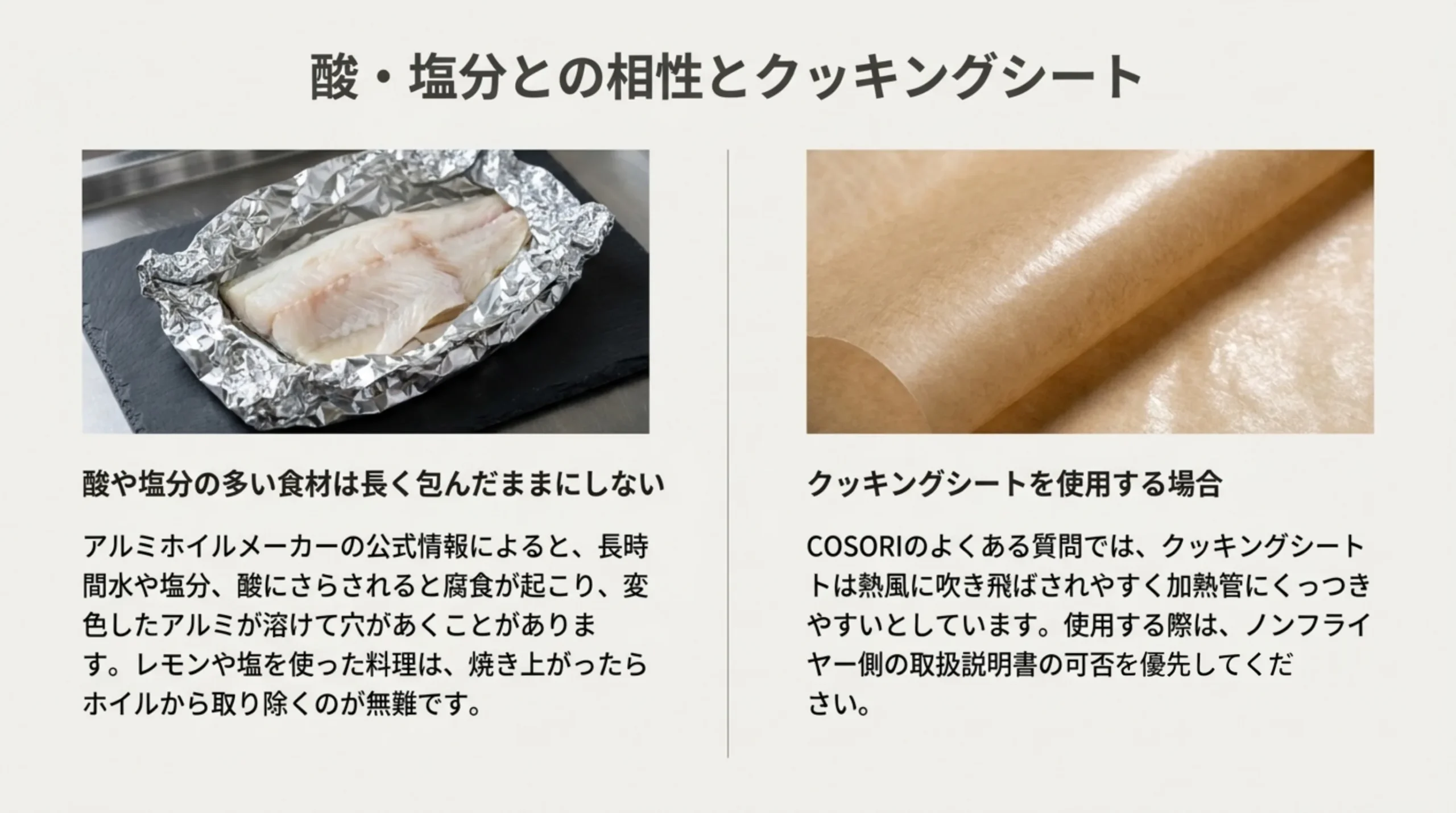 酸や塩分の多い食材は長く包んだままにしない。クッキングシートは熱風で飛ばされやすく、ノンフライヤー側の取扱説明書の可否を優先する