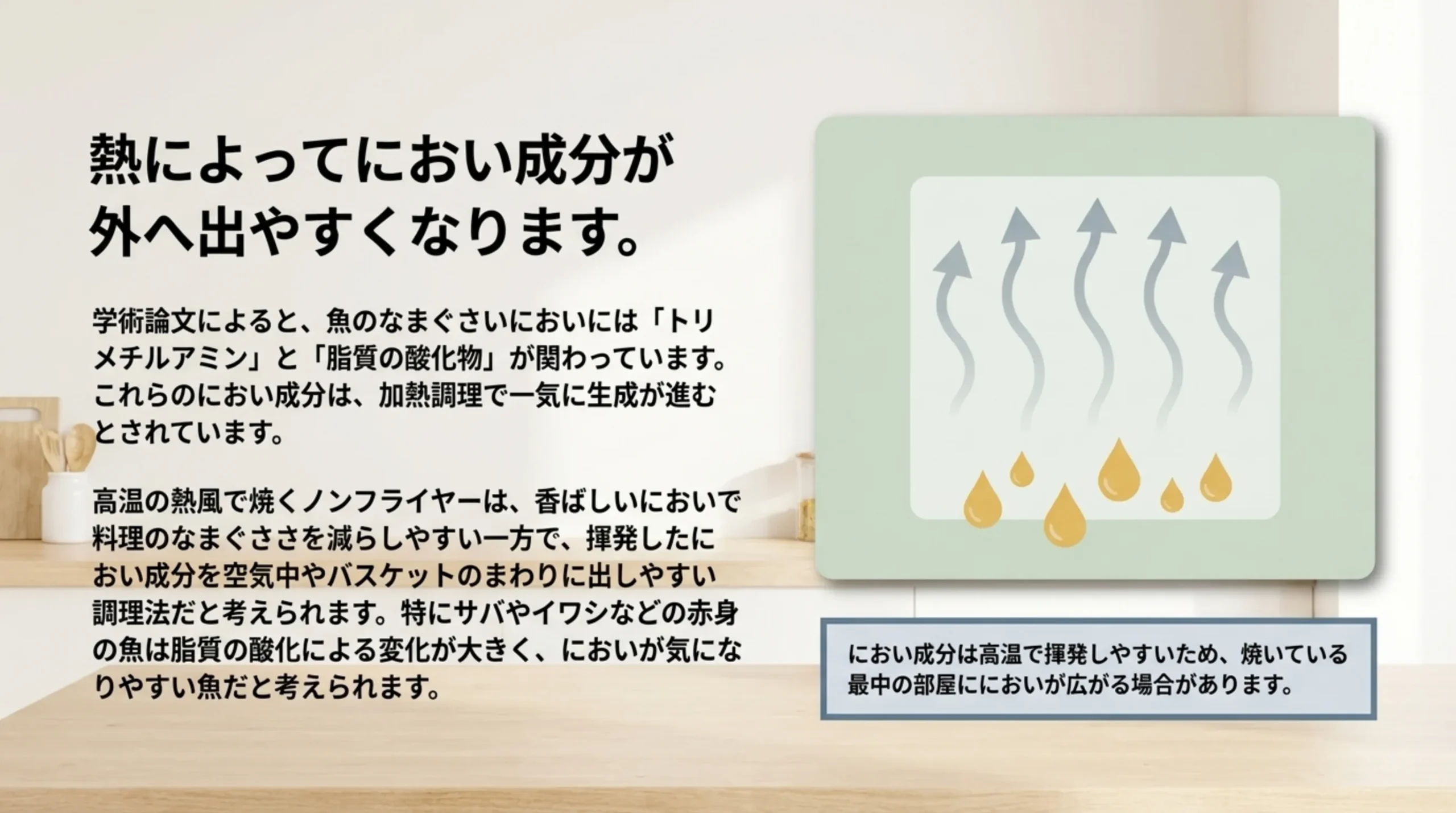 魚のなまぐさいにおいはトリメチルアミンと脂質の酸化物。加熱調理で一気に生成が進み、高温で揮発しやすい