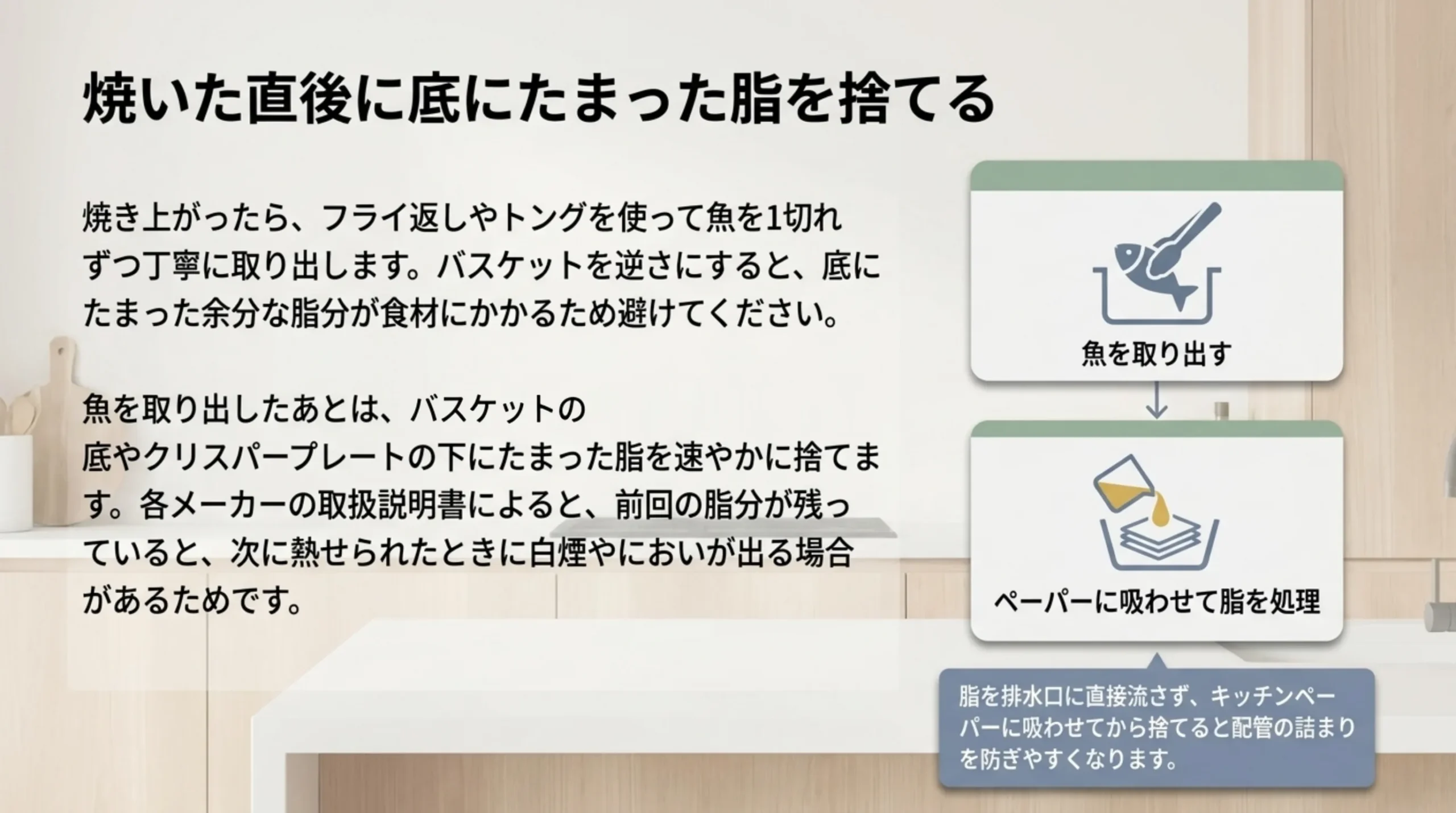 魚はトングやフライ返しで取り出し、バスケットの底やクリスパープレートの下にたまった脂をキッチンペーパーに吸わせて捨てる