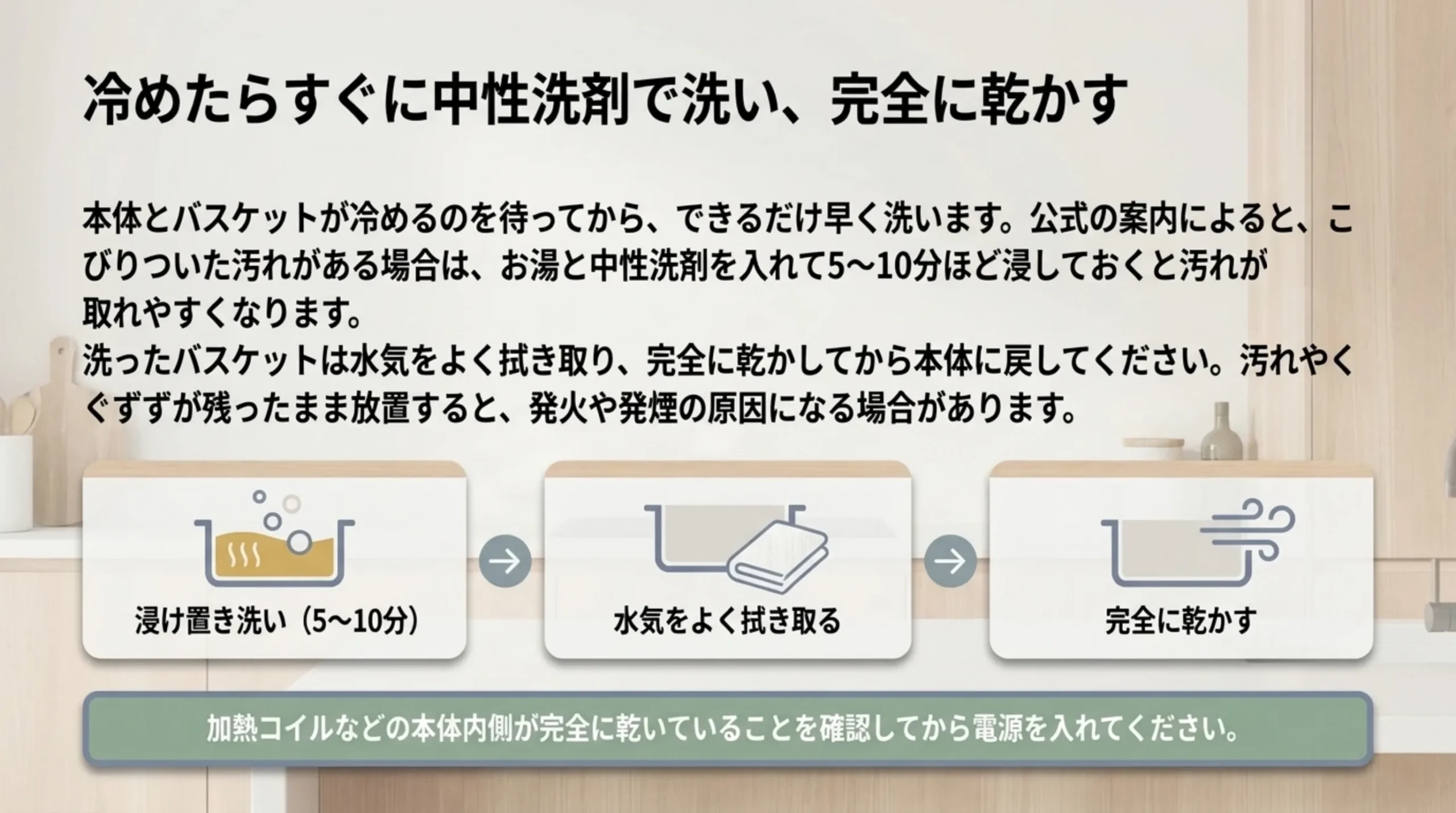 お湯と中性洗剤で5〜10分浸け置きし、水気をよく拭き取って完全に乾かしてから本体に戻す