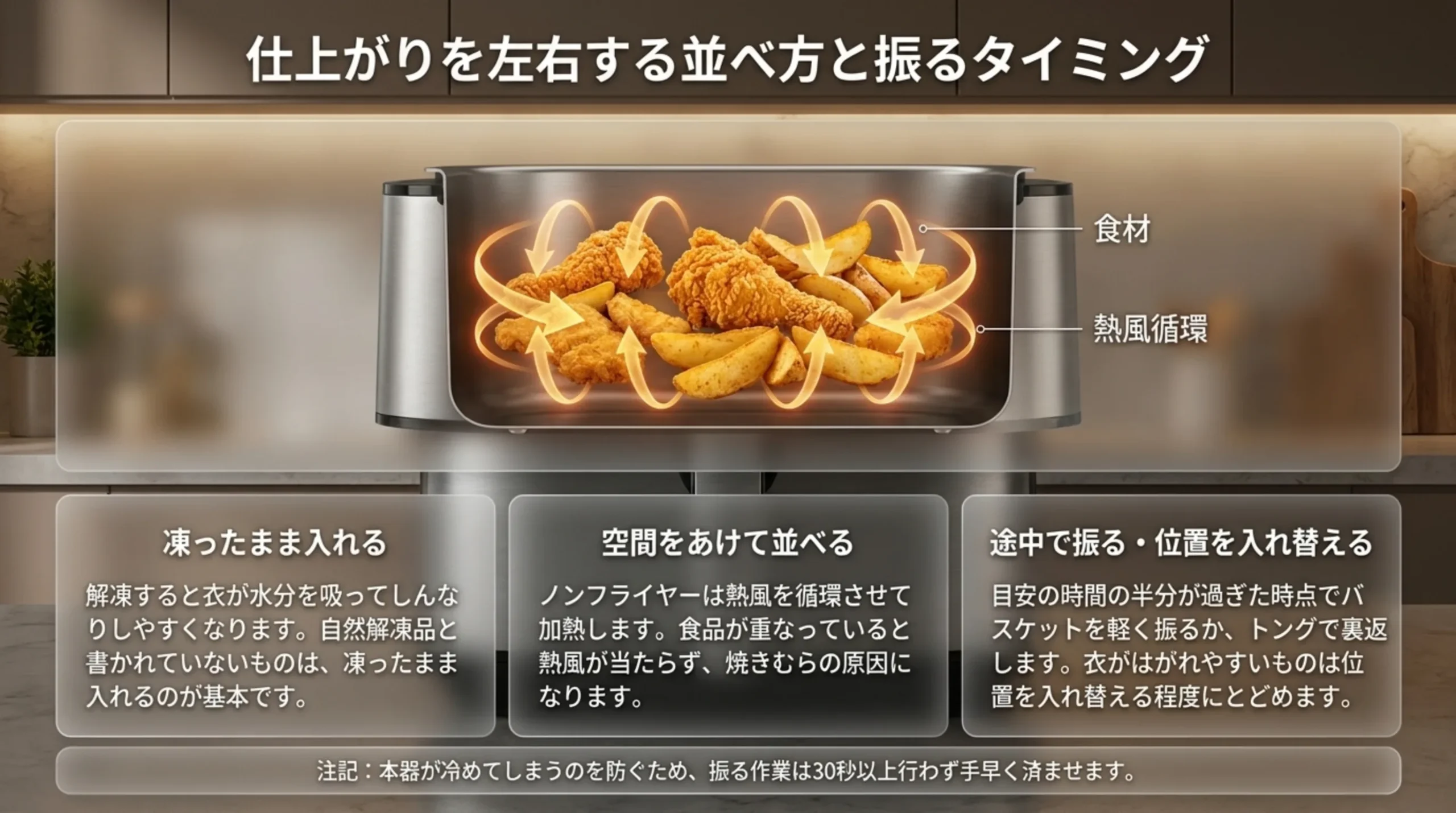 冷凍食品を凍ったまま入れ、空間をあけて並べ、途中で振るか位置を入れ替えることで熱風を行き渡らせる考え方の図解