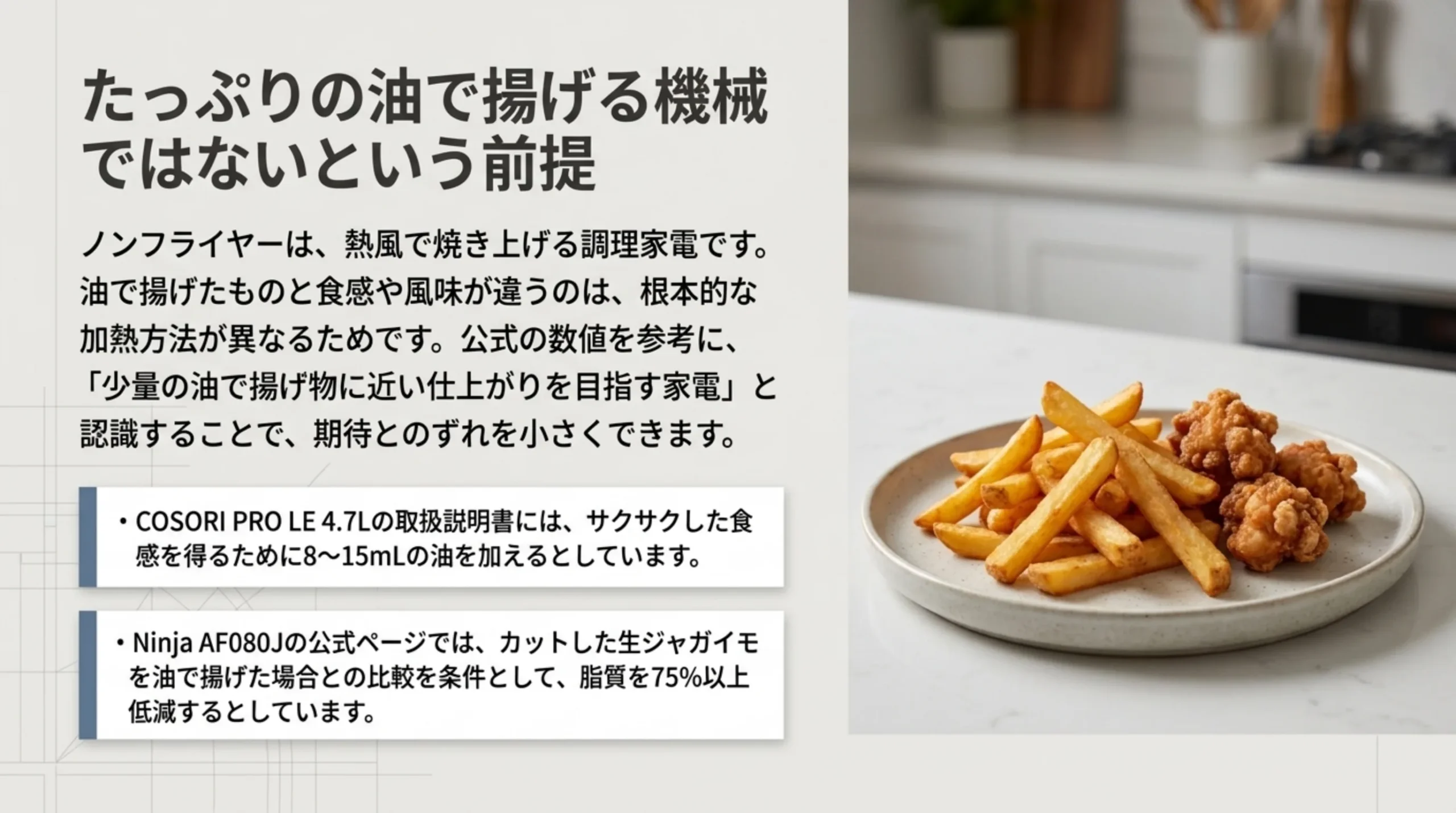 ノンフライヤーは熱風で焼き上げる家電で、少量の油で揚げ物に近い仕上がりを目指すものだと説明した図解