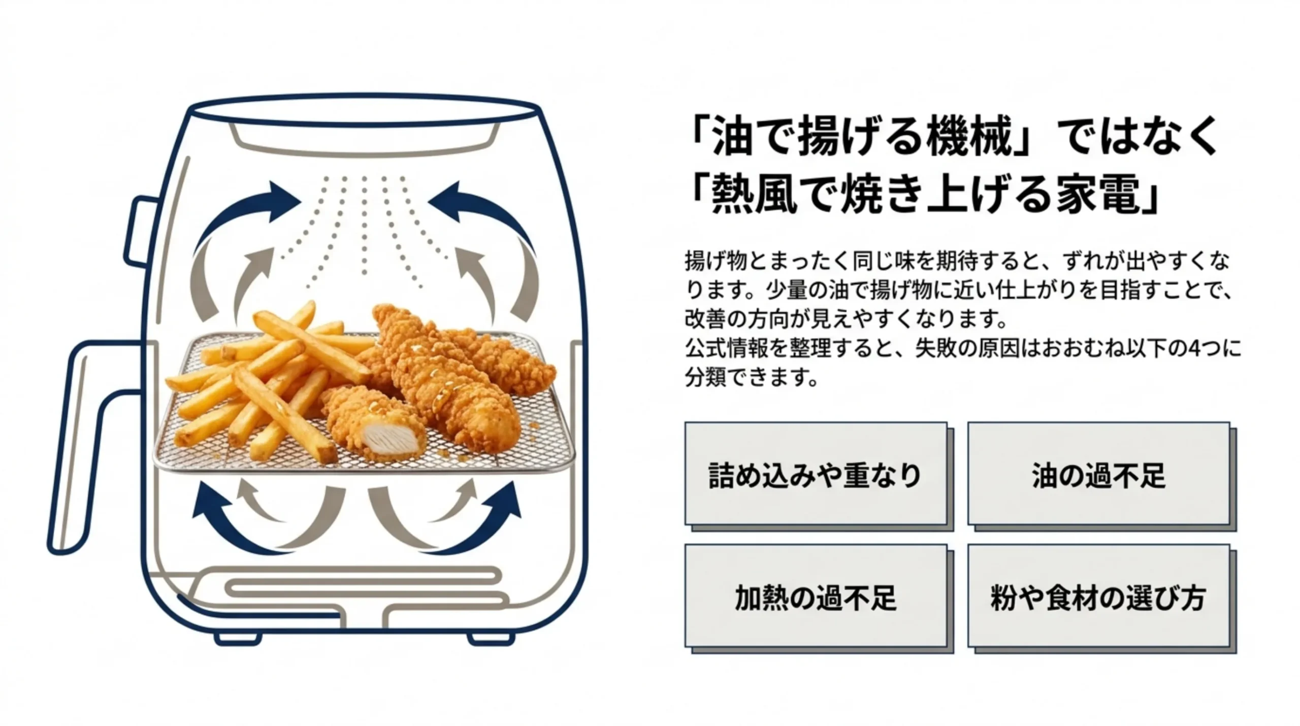 ノンフライヤーの失敗の原因＝詰め込みや重なり・油の過不足・加熱の過不足・粉や食材の選び方