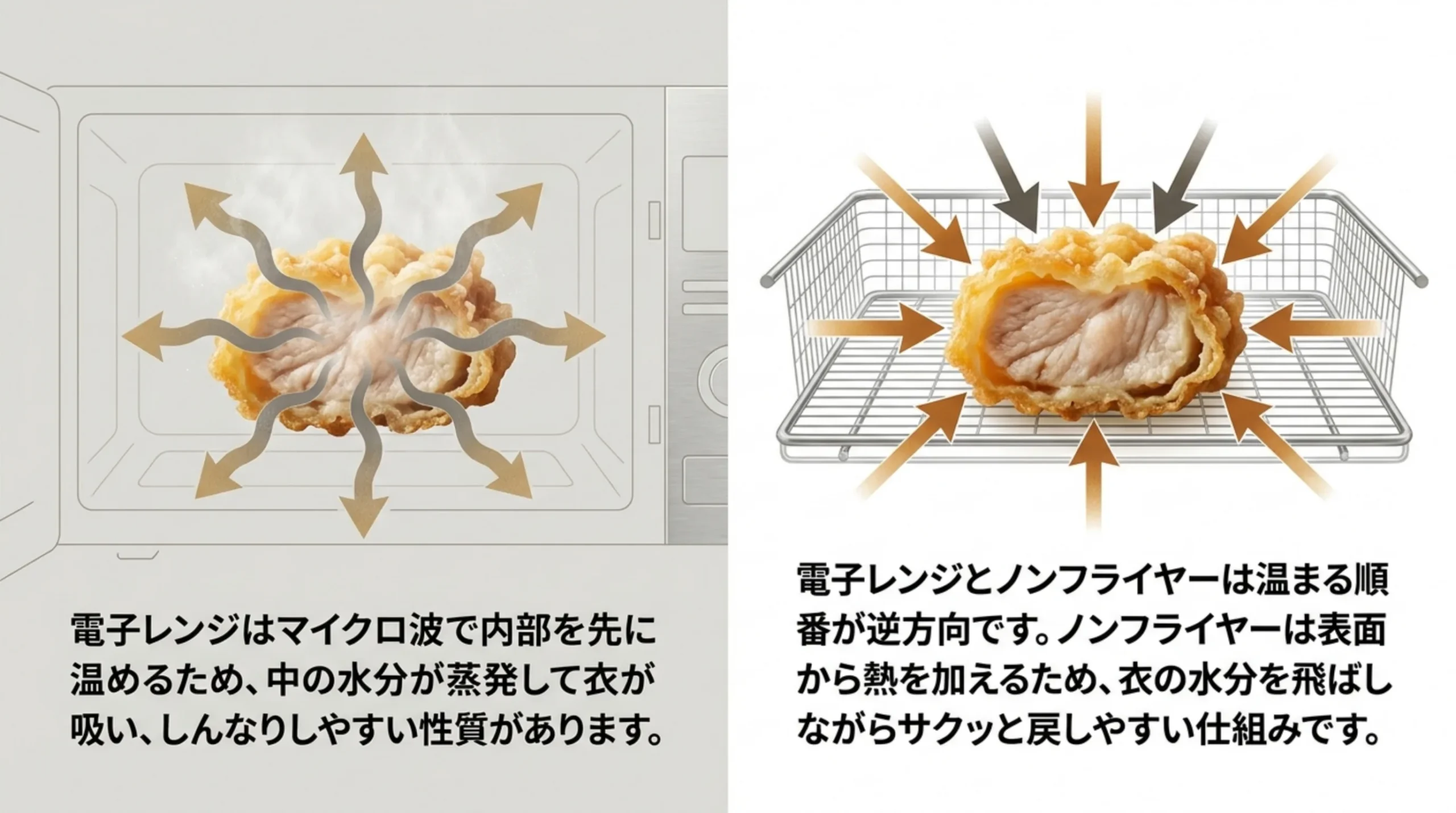 電子レンジは内部から温まって衣がしんなりしやすく、ノンフライヤーは表面から温めて衣の水分を飛ばすことを比べた図解