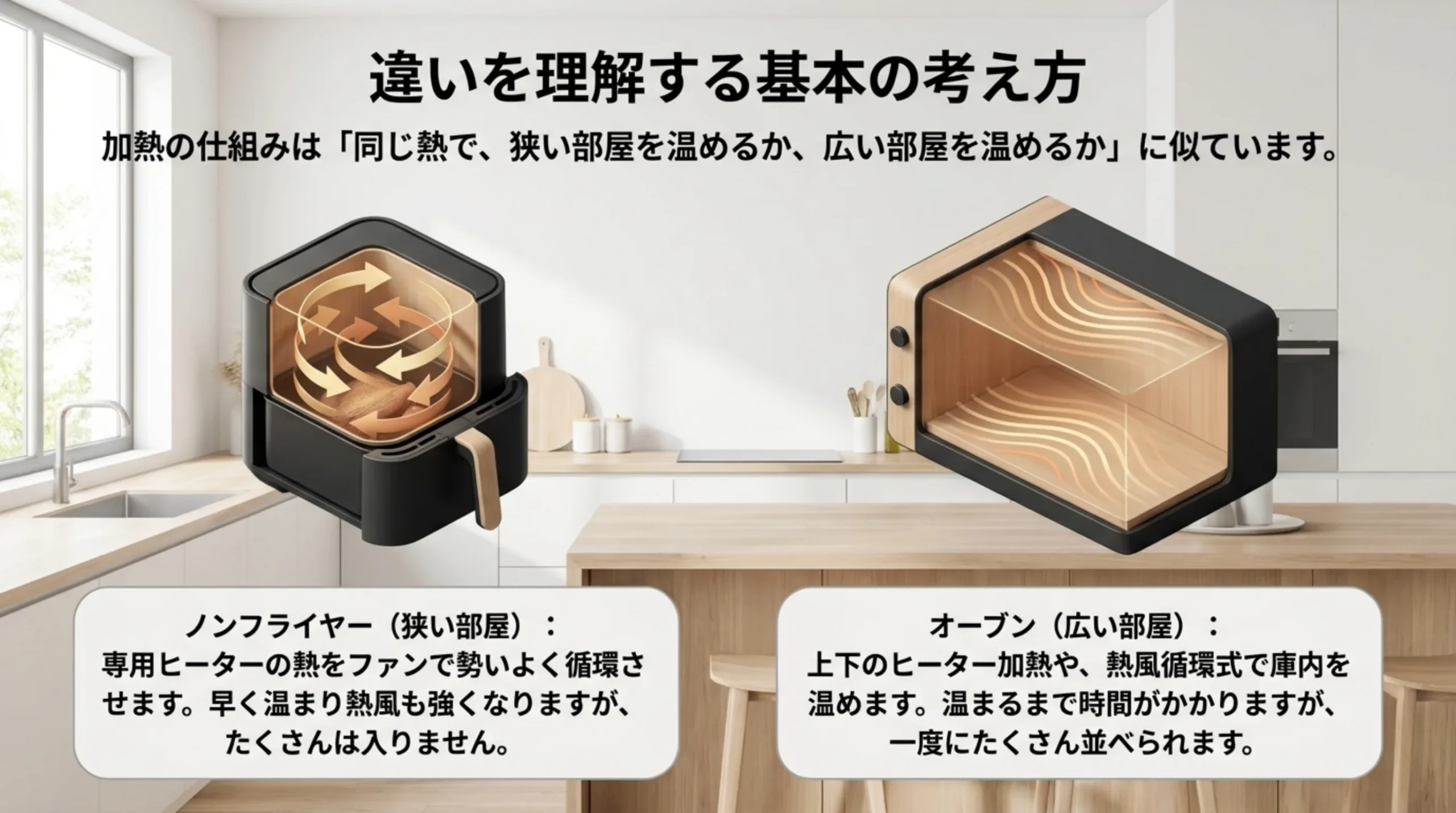 ノンフライヤーは狭い庫内で専用ヒーターの熱を勢いよく循環、オーブンは広い庫内を上下ヒーターや熱風循環で温める