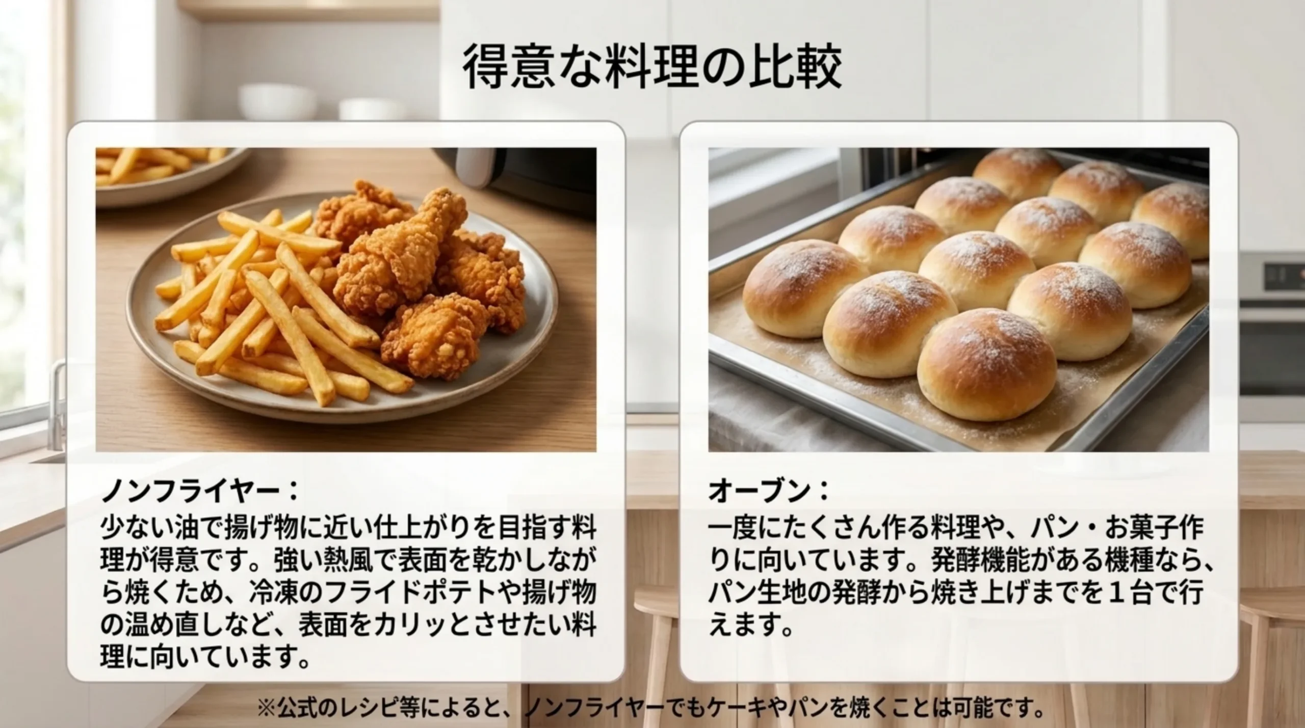 ノンフライヤーは揚げ物風の料理や冷凍食品の温め直し、オーブンは一度にたくさん作る料理やパン・お菓子作りが得意