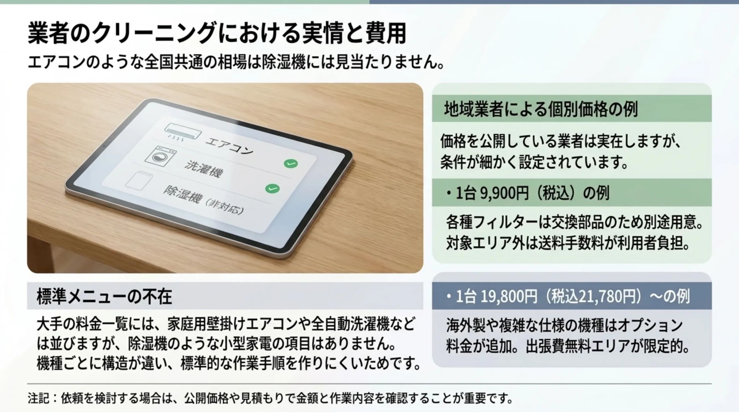 大手の料金一覧に除湿機の項目がないことと、地域業者が公開している9,900円と19,800円の価格例を条件つきで並べたスライド