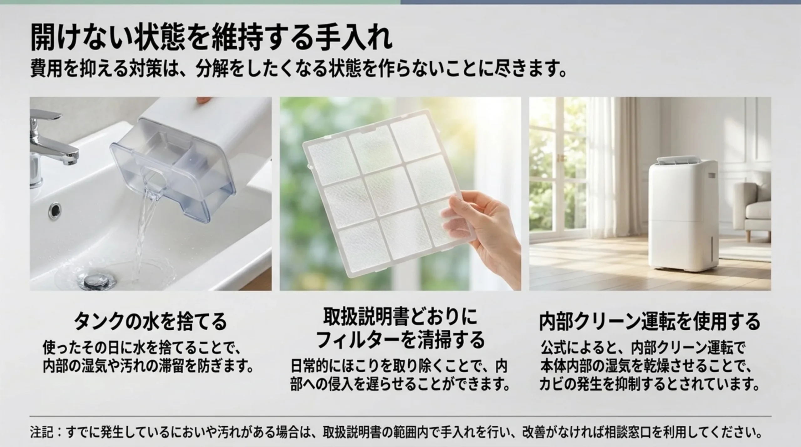 タンクの水をその日に捨てる、フィルターを説明書どおりに掃除する、内部クリーン運転を使う、の3つを写真で並べたスライド