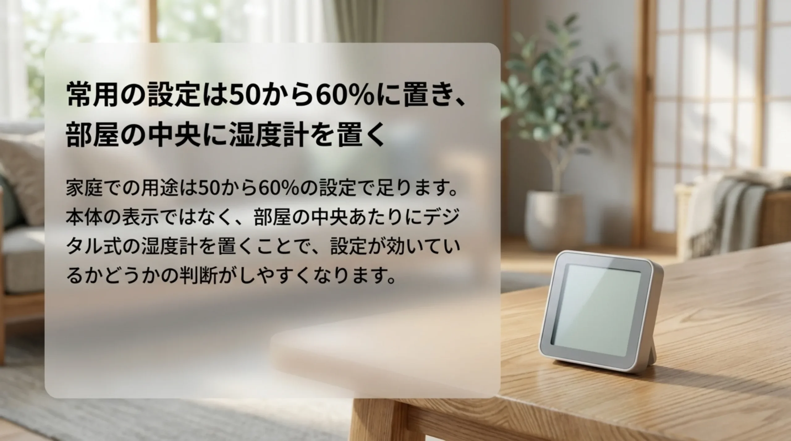 木のテーブルに置いたデジタル湿度計の写真とともに、設定は50から60%で足り、部屋の中央の湿度計で効き具合を確かめるとまとめたスライド