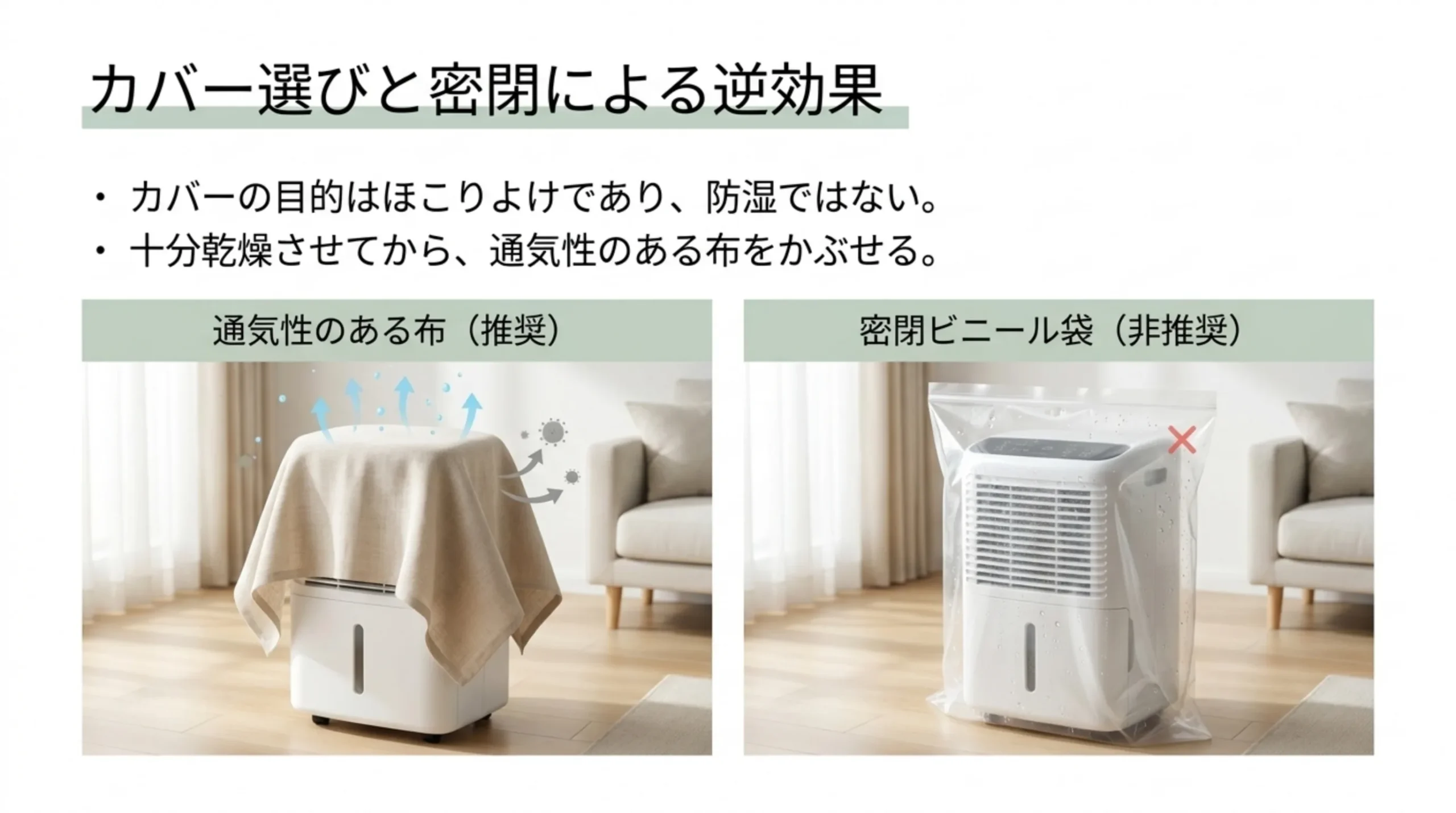 通気性のある布をかぶせた除湿機と、ビニール袋で密閉した除湿機を並べ、カバーの目的はほこりよけで防湿ではないことを示したスライド