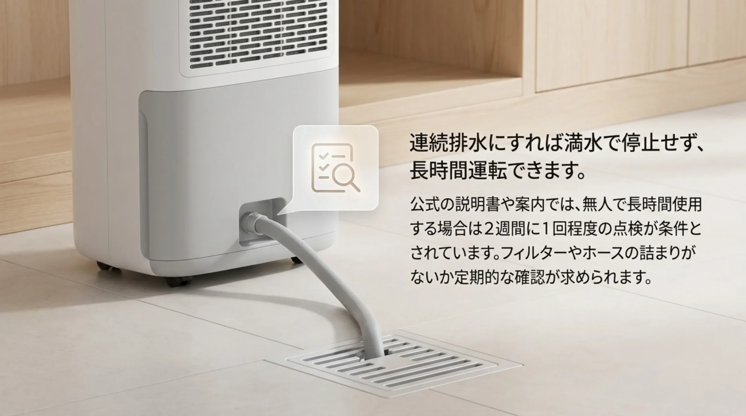除湿機の背面から床の排水口へホースをつないだ写真とともに、無人で長時間使うときは2週間に1回程度の点検が条件になると説明したスライド