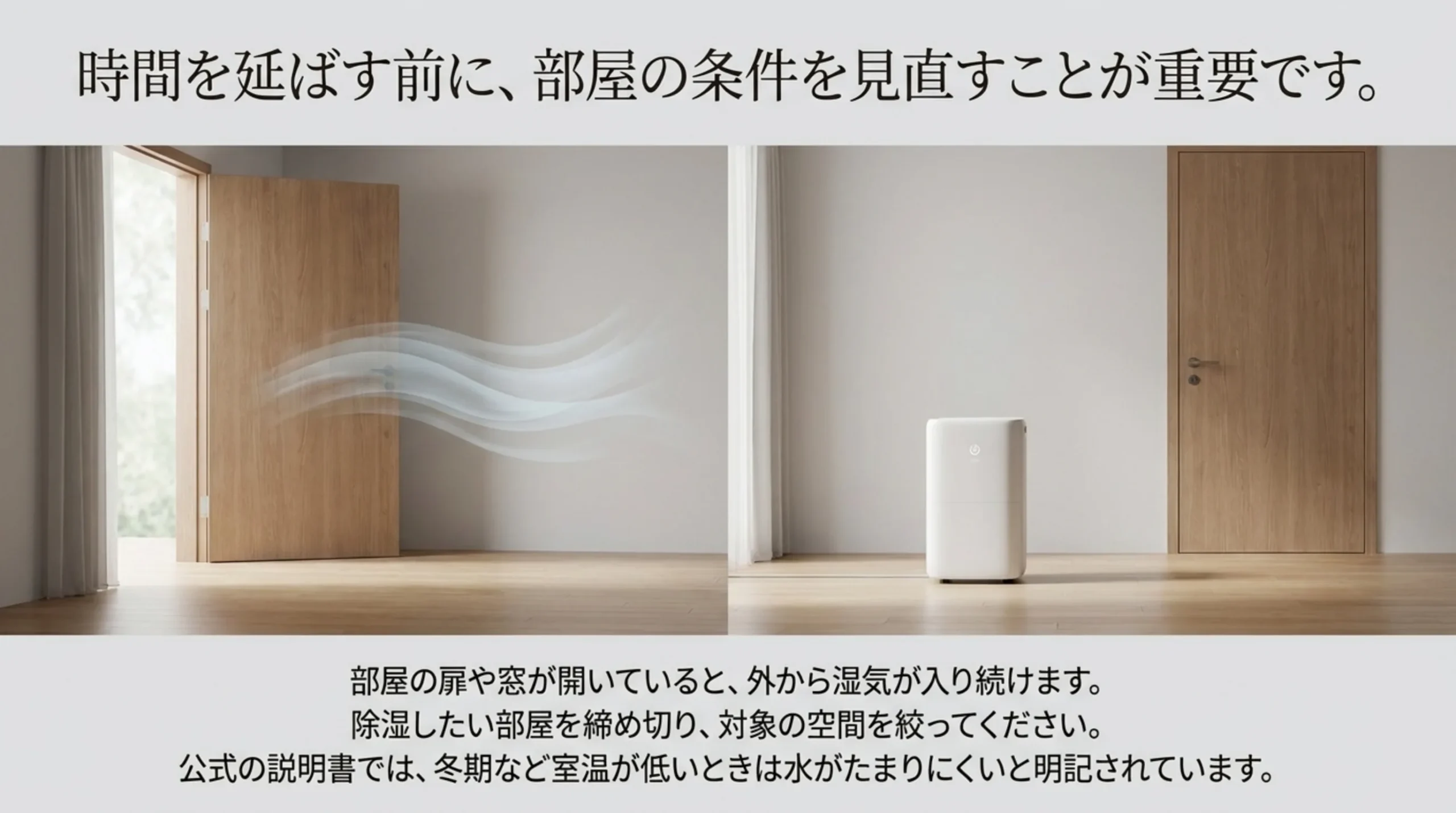 扉が開いて外の空気が入り込む部屋と、扉を閉めて除湿機を置いた部屋を並べ、除湿したい部屋を締め切るよう説明したスライド
