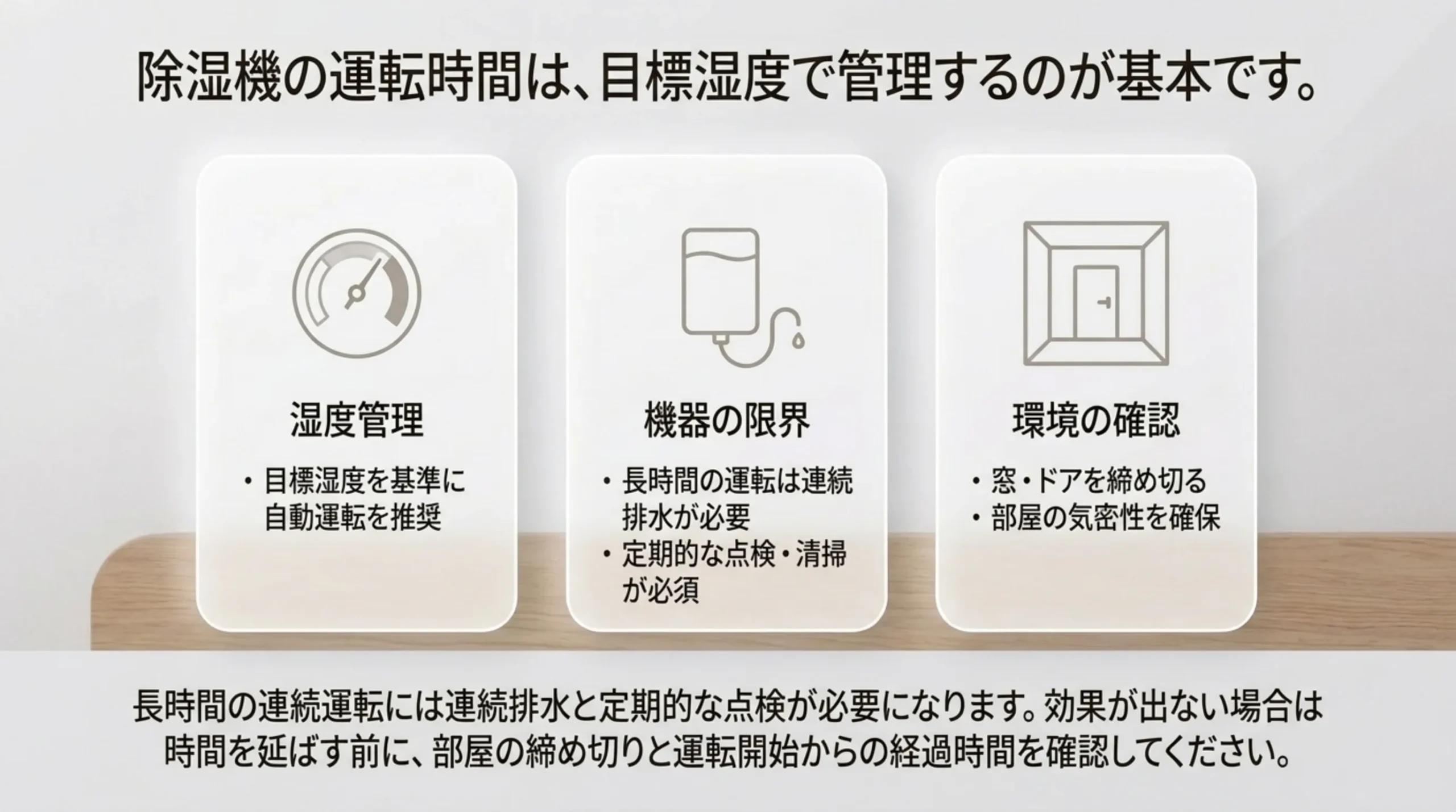湿度管理・機器の限界・環境の確認の3つのカードで、目標湿度を基準にした自動運転と連続排水の点検、部屋の締め切りをまとめたスライド