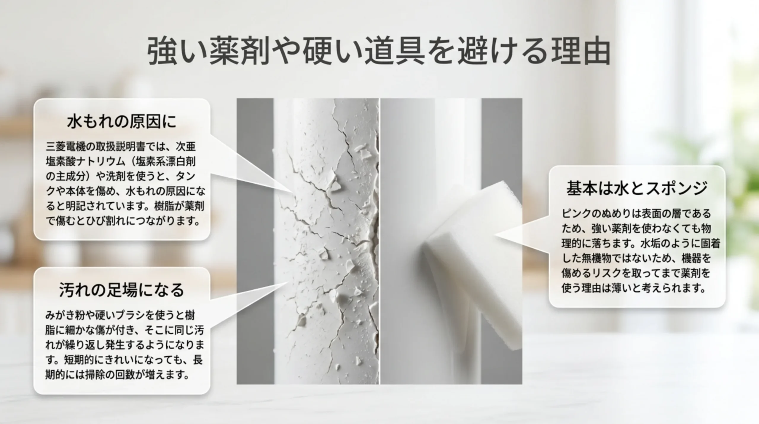 薬剤でひび割れた樹脂とスポンジの写真を中央に置き、水もれの原因になること・傷が汚れの足場になること・水とスポンジで落ちることを説明したスライド