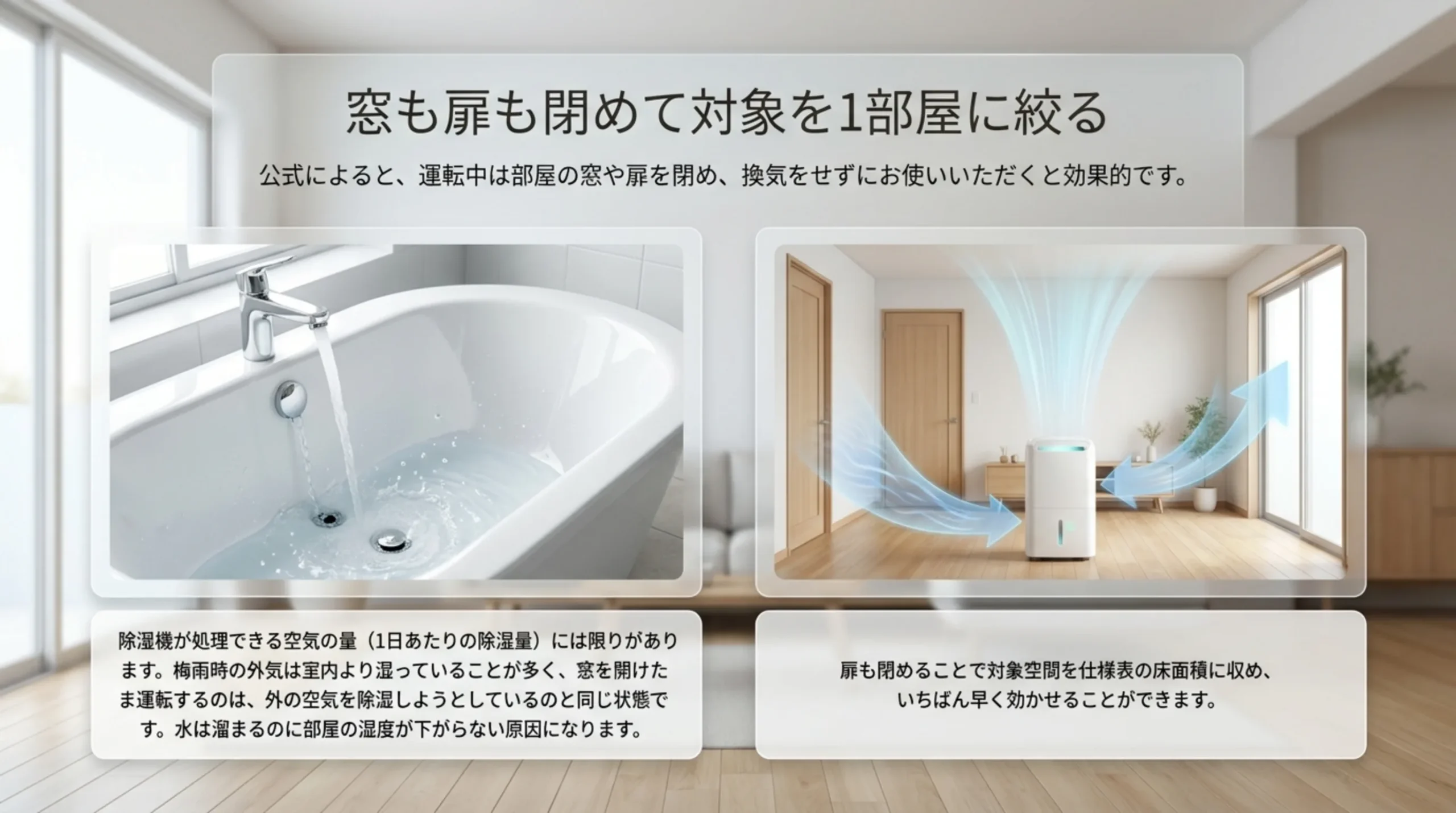 栓を抜いたまま蛇口から湯を注ぐ浴槽のたとえと、扉を閉めた部屋で除湿機が空気を循環させる図を並べ、窓を開けたままでは湿度が下がらない理由を示したスライド