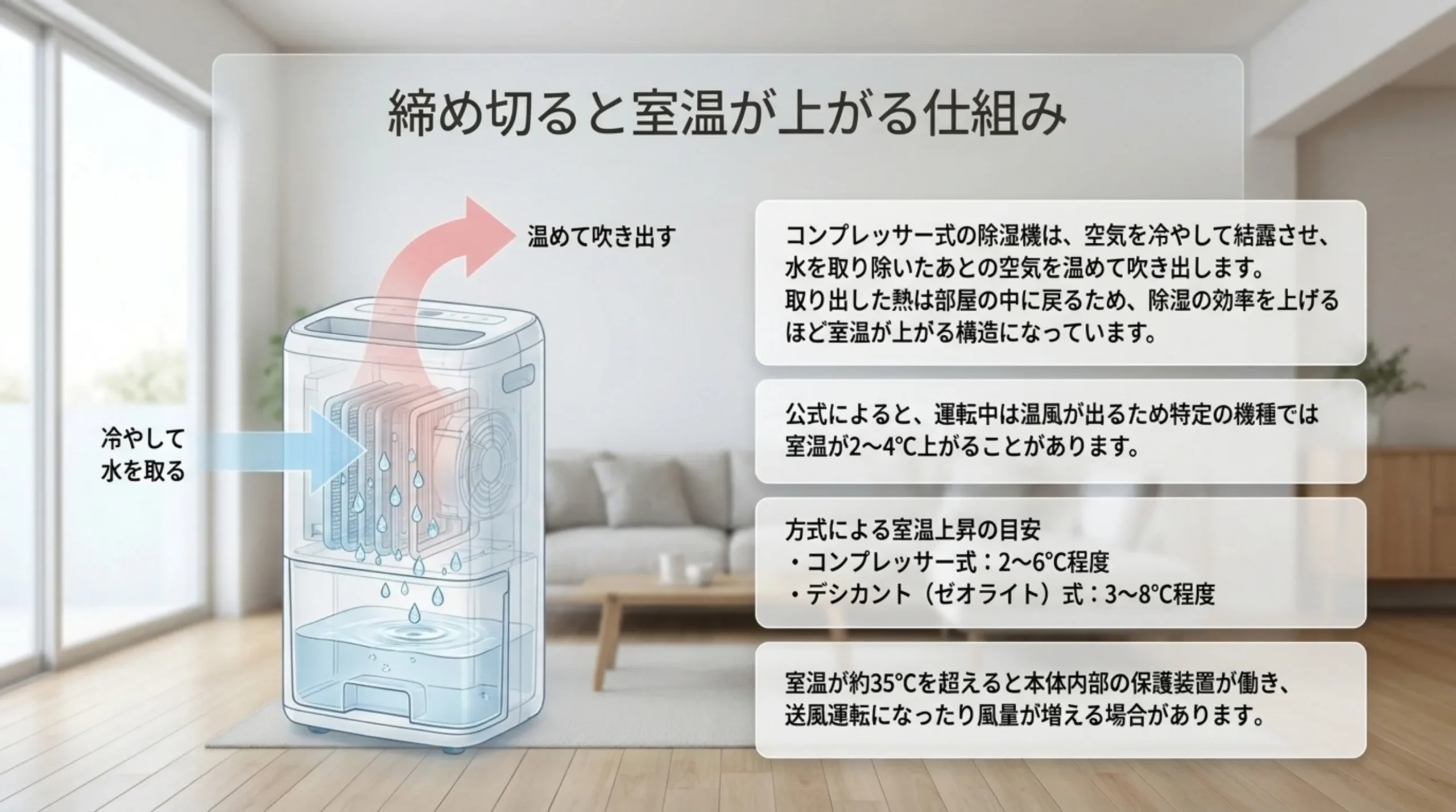 空気を冷やして水を取り、温めて吹き出す除湿機の内部図とともに、特定機種で2〜4℃、方式によって2〜8℃程度室温が上がる目安を並べたスライド
