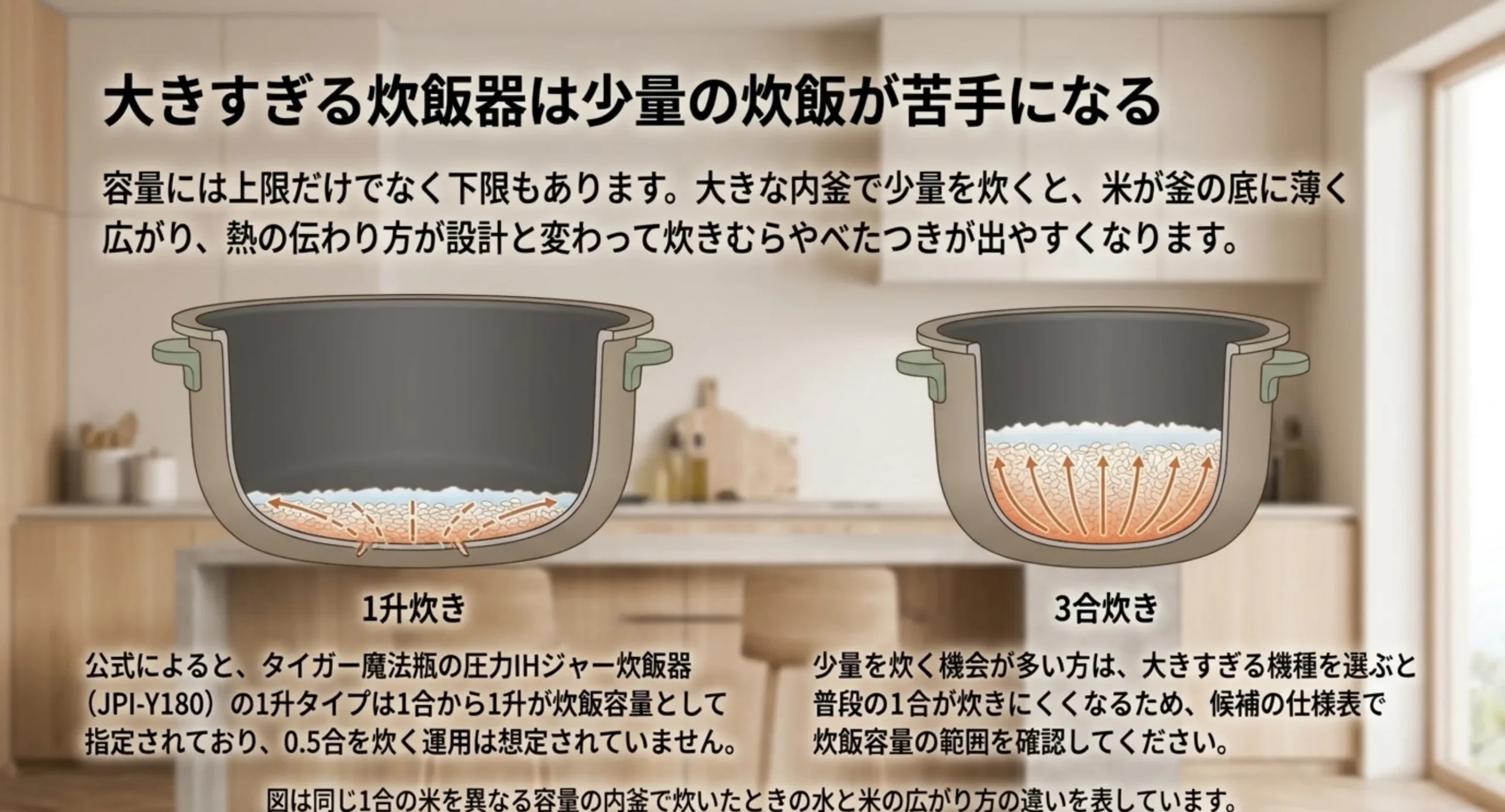 1升炊きと3合炊きの内釜で同じ1合を炊いたときの米と水の広がり方の違いを断面図で比べたスライド