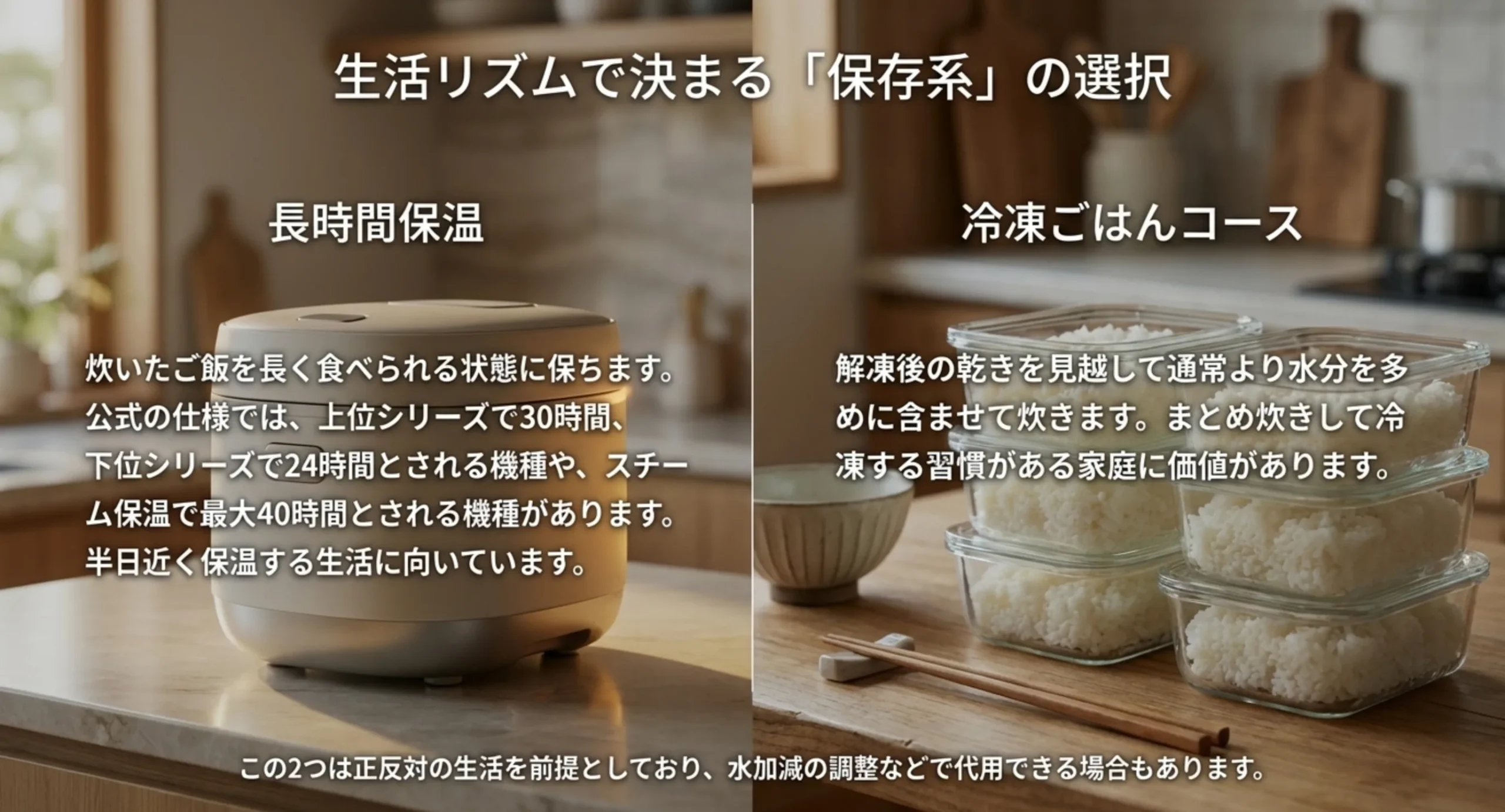 長時間保温と冷凍ごはんコースがそれぞれどんな生活に向くかを左右に並べて比べたスライド
