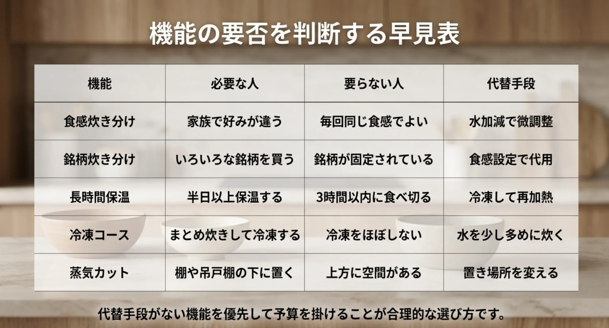 食感炊き分けから蒸気カットまでの機能ごとに、必要な人・要らない人・代替手段を並べた早見表のスライド