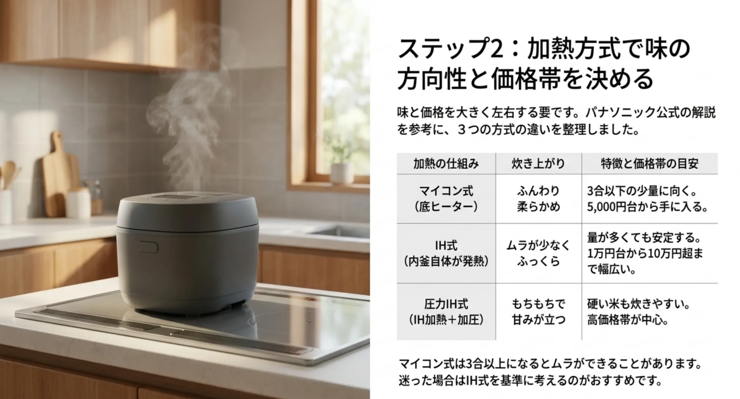 マイコン式・IH式・圧力IH式の加熱の仕組みと炊き上がりの傾向、本体価格の目安を並べた比較表のスライド