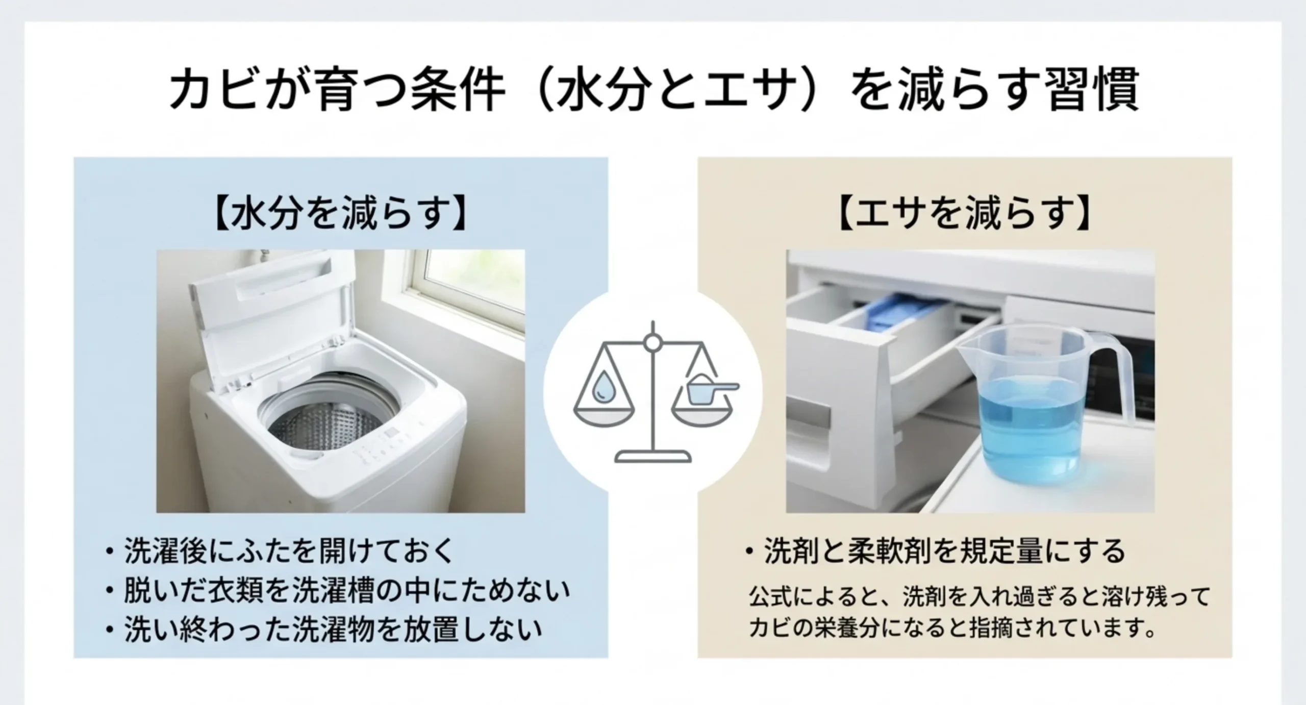 ふたを開ける・衣類をためないといった水分対策と、洗剤を規定量にするエサ対策を左右に並べたスライド