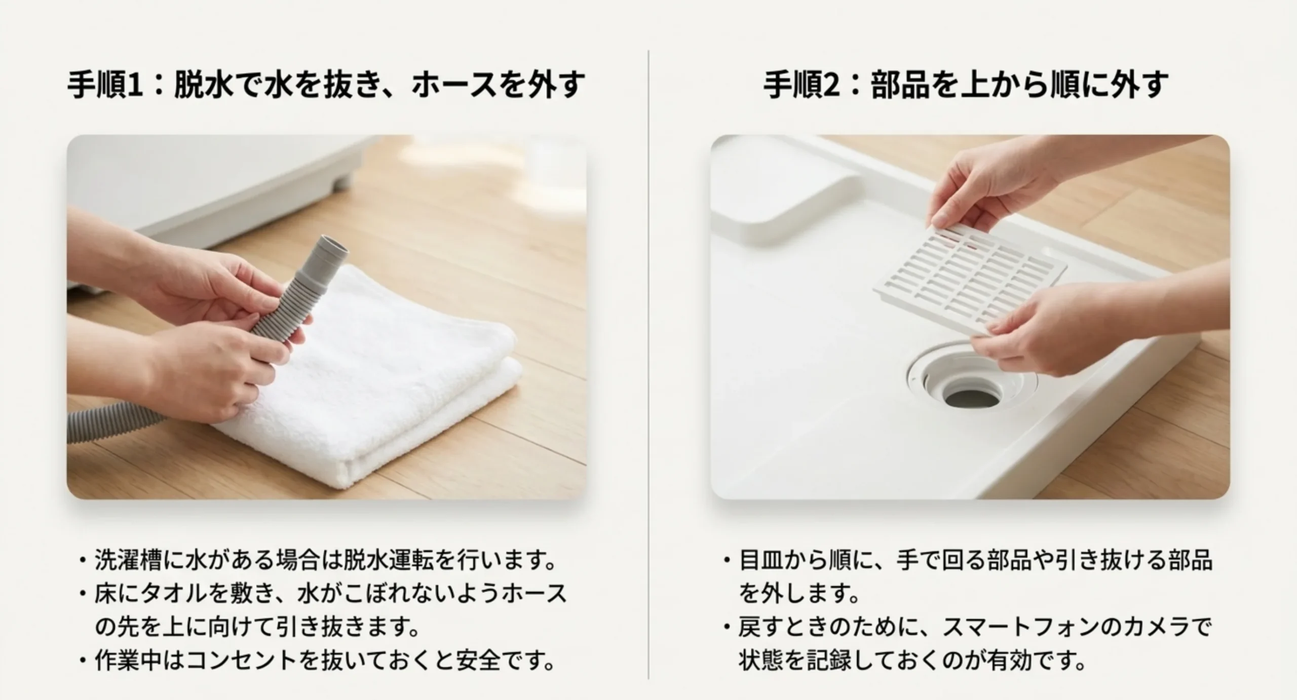 ホースを外す作業と目皿から順に部品を外す作業を写真付きで並べ、注意点を添えたスライド