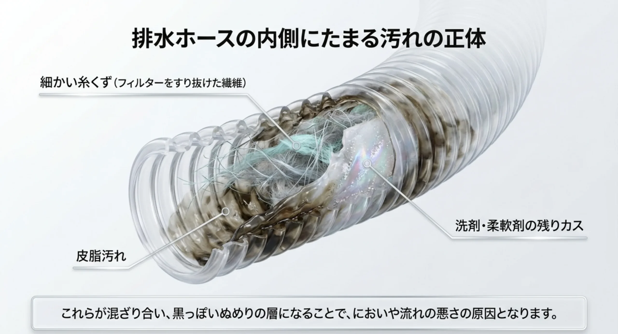 透明な排水ホースの断面図に、細かい糸くず・皮脂汚れ・洗剤や柔軟剤の残りカスがたまる位置を示したスライド
