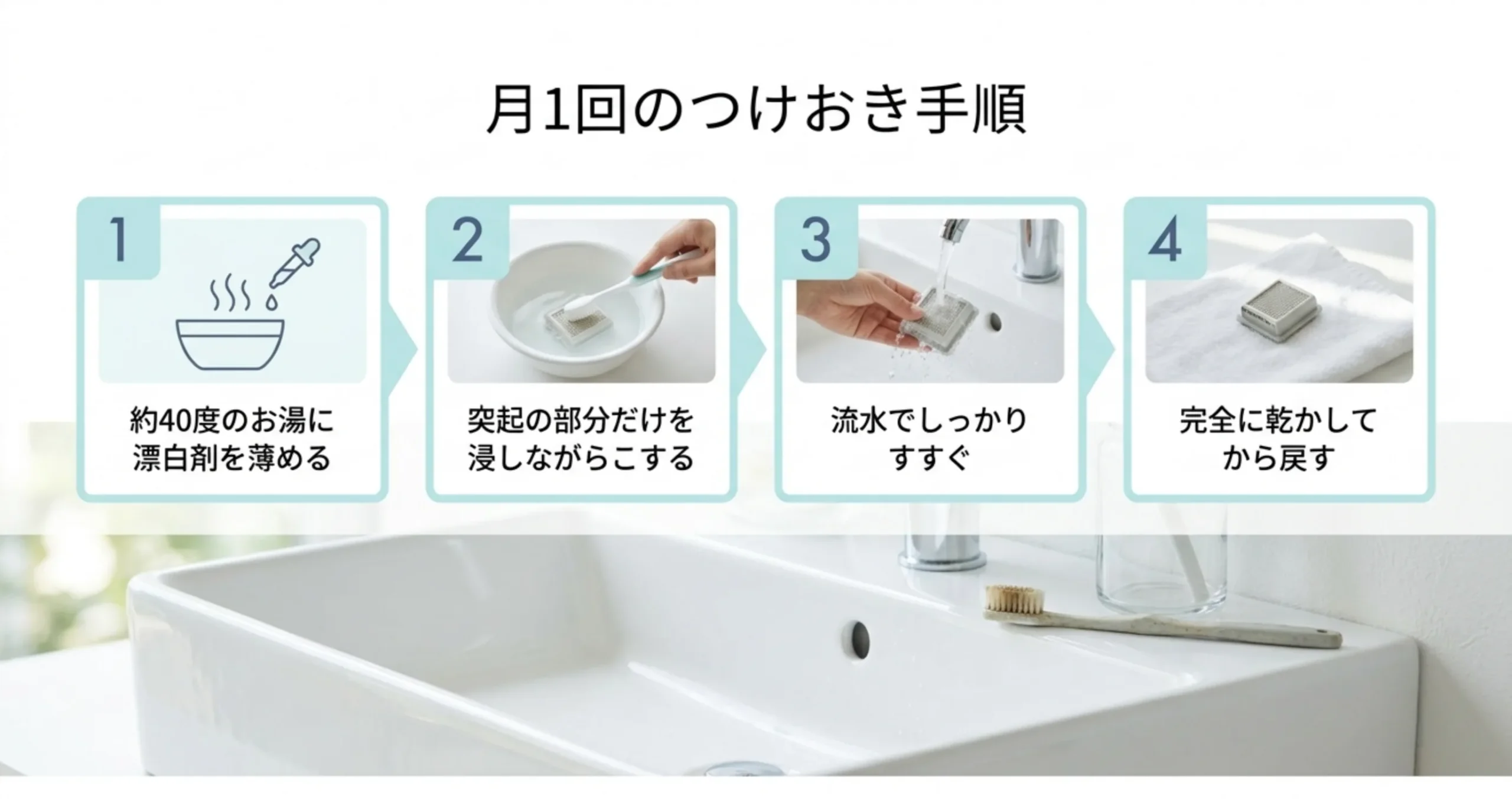 約40度のお湯に漂白剤を薄めて突起部分をこすり、流水ですすいで乾かすまでの4手順を並べたスライド