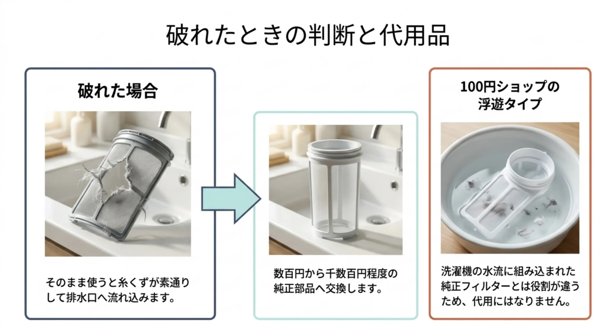 破れたフィルターは純正部品へ交換する流れと、100円ショップの浮遊タイプは役割が違い代用にならないことを示したスライド